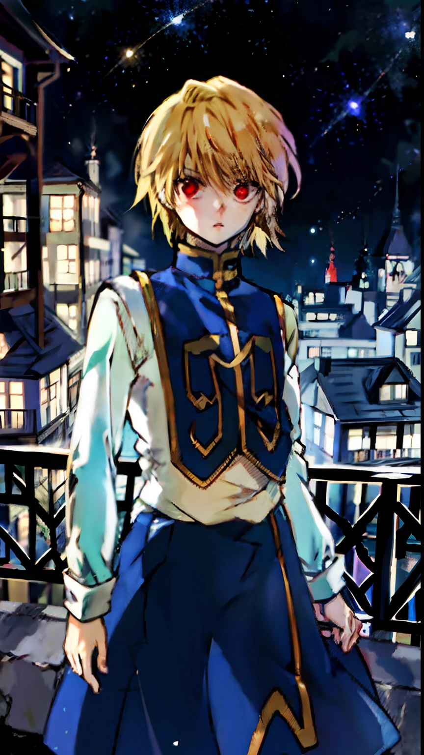 (Cowboy shot), (Masterpiece), (Best Quality:1.0),  Detailed eyes
BREAK  
Kurapika, 1boy, male focus, red eyes, Surprised, Posing
BREAK
(skyscraper, On the roof of the building , in night, exteriors, The Starry Night, gorgeous view), (((portraite of a)))