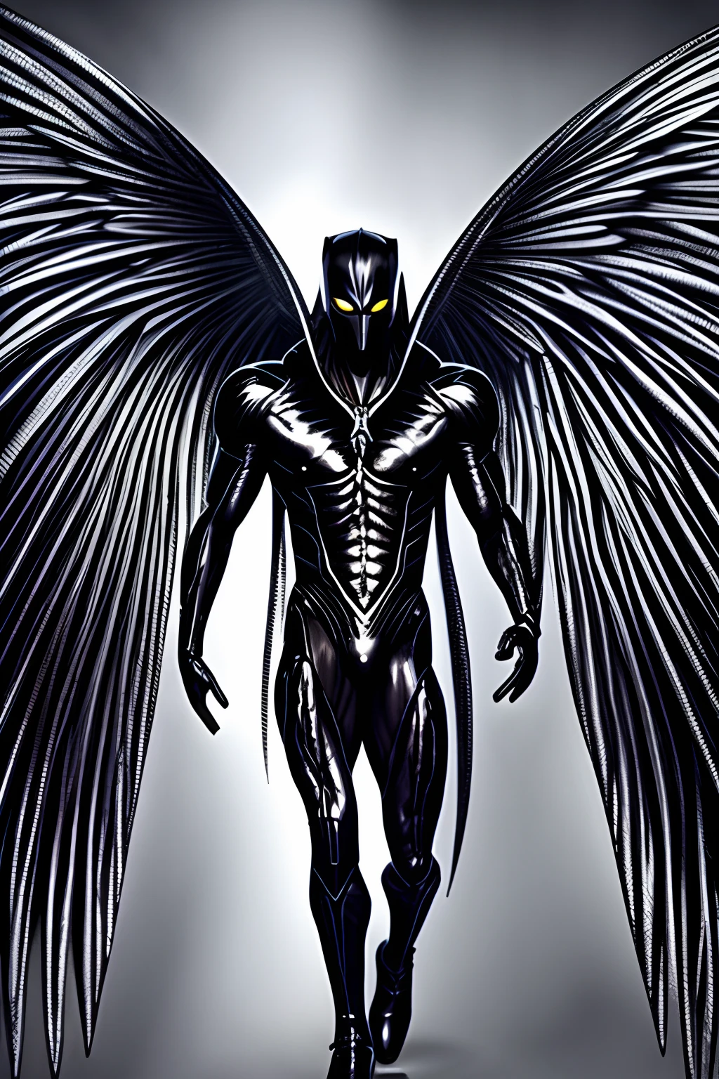 a black (noir) faceless humanoid male with giant wings, semi naked, muscular, in a colorful garden, garden background, horror entity with wings, male aeromorph, symmetrical epic dark fantasy creature, huge wings, wispy gigantic wings, dark feathered wings, winged boy, massive wing, (best quality), (masterpiece), no armor,