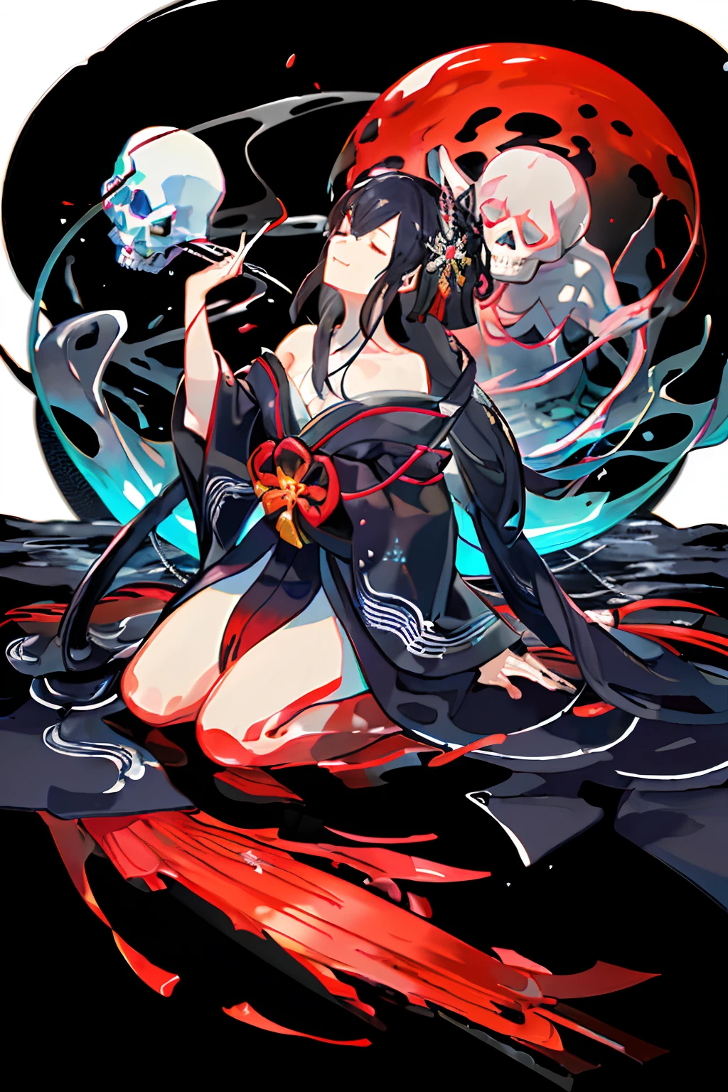 [(white background:1.4)::5], (imid shot:0.95), (full body:1.25), Dynamic angle, [Bottle bottom], (official art), extremely delicate and beautiful, 2d, (fantasy), depth of field, solo, a beautiful detailed girl, solo, (1girl:1.3),solo,//( long black hair),sidelocks,(Medium breasts), ((Perfect body)),//(Beautiful detailed black eyes: 1.3)//, //(kimono:1.3)//, (seiza:1.3),(half-closed eyes:1.2),Lycoris radiata, [(((the nether world))),(dark:1.8),(in_the_river:1.2),on (blood_water:1.1),(red_river),((underworld)),(equinox flowers),(fog),blood_splatter, blood_river,(red_flower:1.2),(blood_wavy:1.3), (spider_lily:1.3), (sanzu_river:1.1),(ghosts,blue_fire:1),(ripples:1),(paddle:1),((surrounded by beautiful detailed spider_lily)),shiny,Stone lamp,river,(skull:1.3)]//, (broken screen:1.2), (transparent glass)/=(Crack), [colorful ink flowing], (chromatic aberration with strong rim light, glitch), depth of field, double exposure, tyndall effect, colorful refraction, visual impact, dynamic angle, best quality