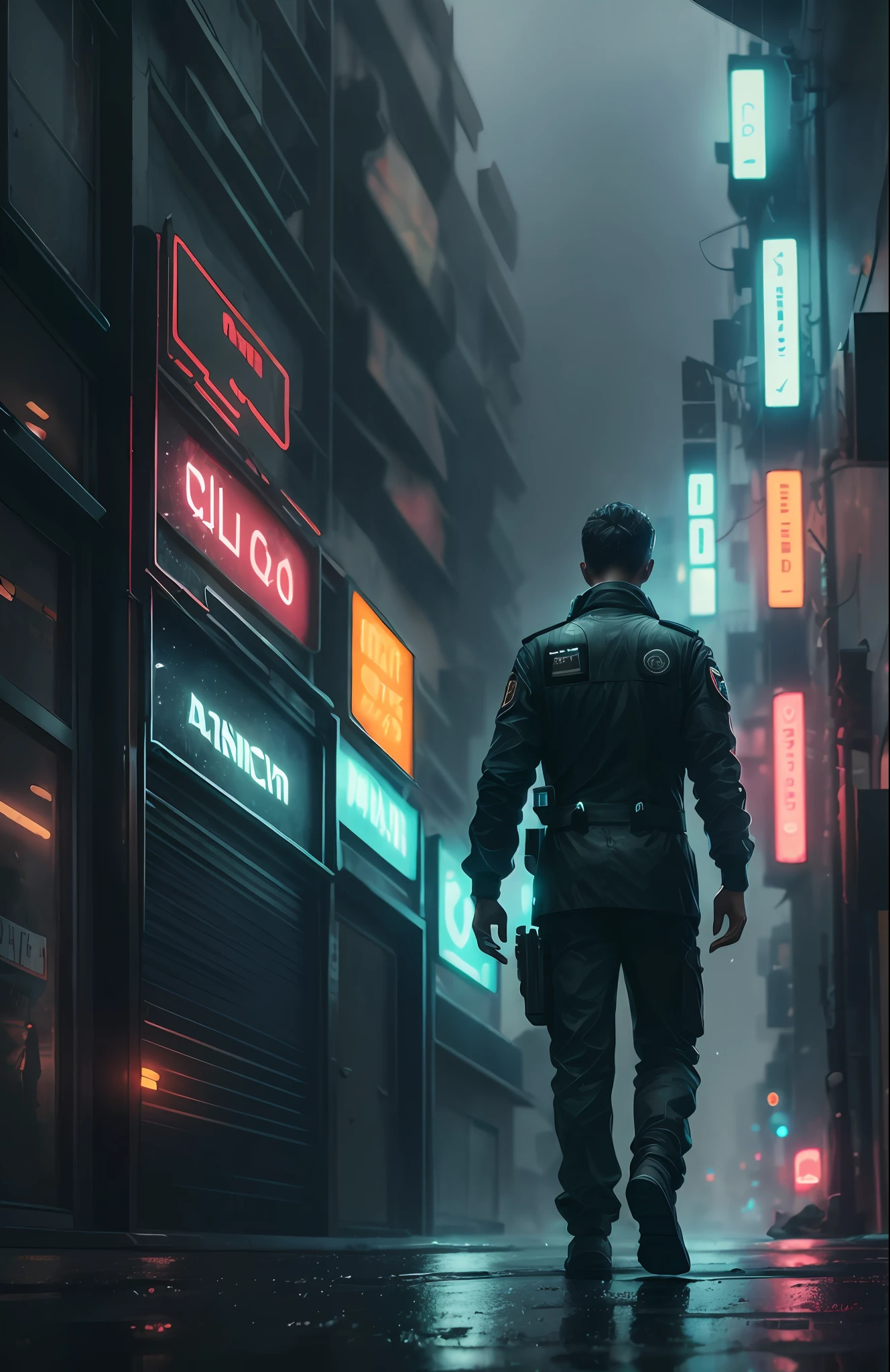 a pilot wearing a black uniform walking on a rainy night down a dirty, foggy, futuristic Blade Runner-style, cyberpunk-style street, big building signs, hyper quality, Ultra HD, 1920x1080px --auto --s2