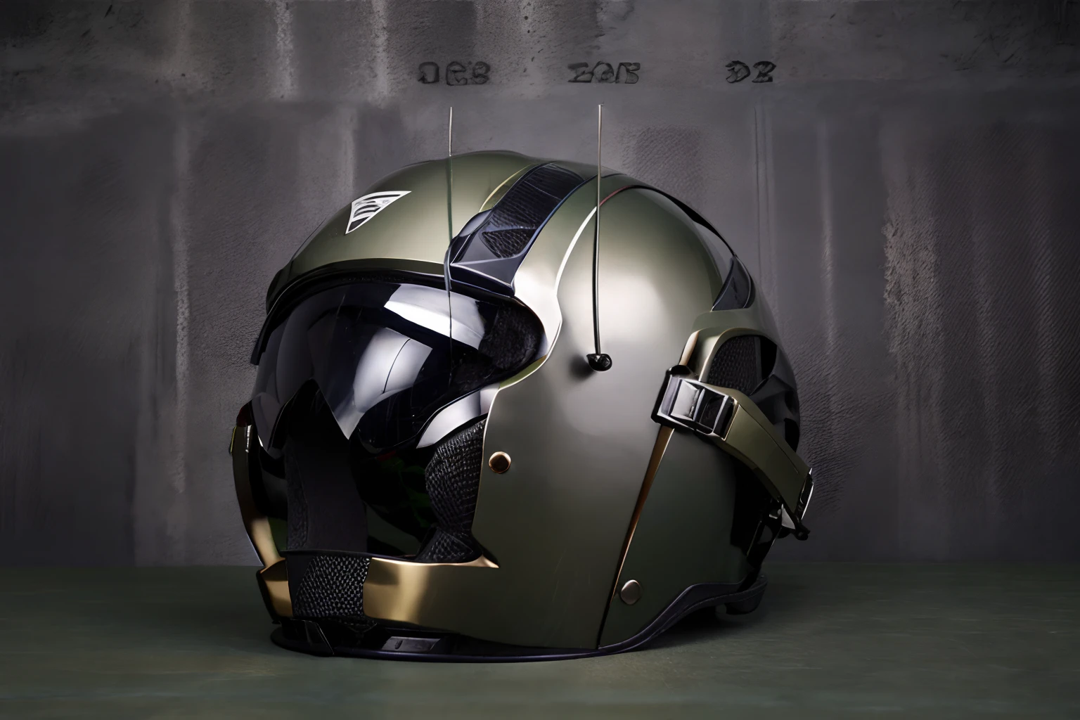 Modern helmet with high detail，Detailed picture，3d product，Dark green stripes，360-degree panoramic view，Top - View，combat helmet，Maneuverable design，Made of composite materials，intricate high tech helmet，Programmatic motorcycle helmet。