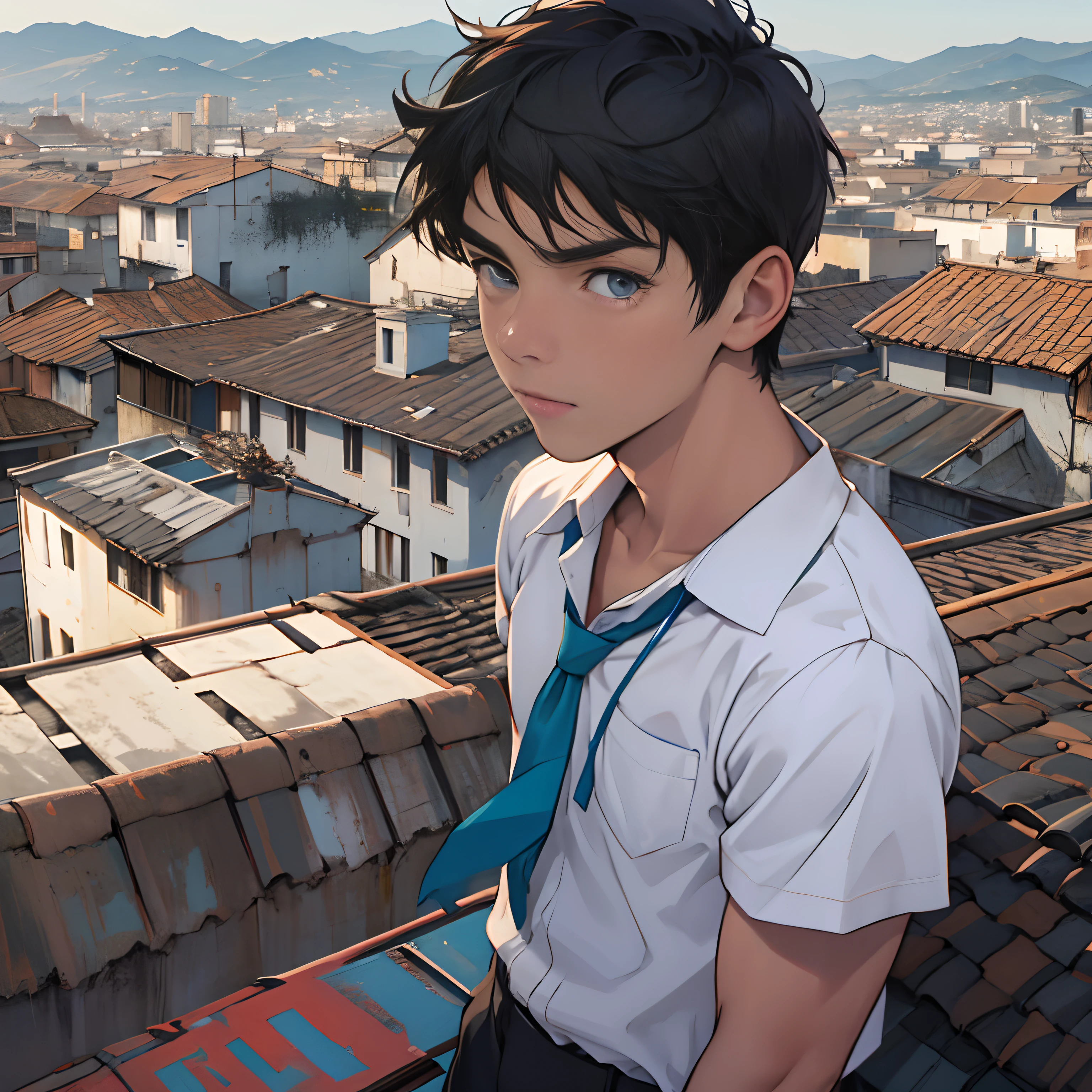 Serious male youth 14-year-old looking at the city from the roof of the school. el hombre esta sin camisa cabello azul largo