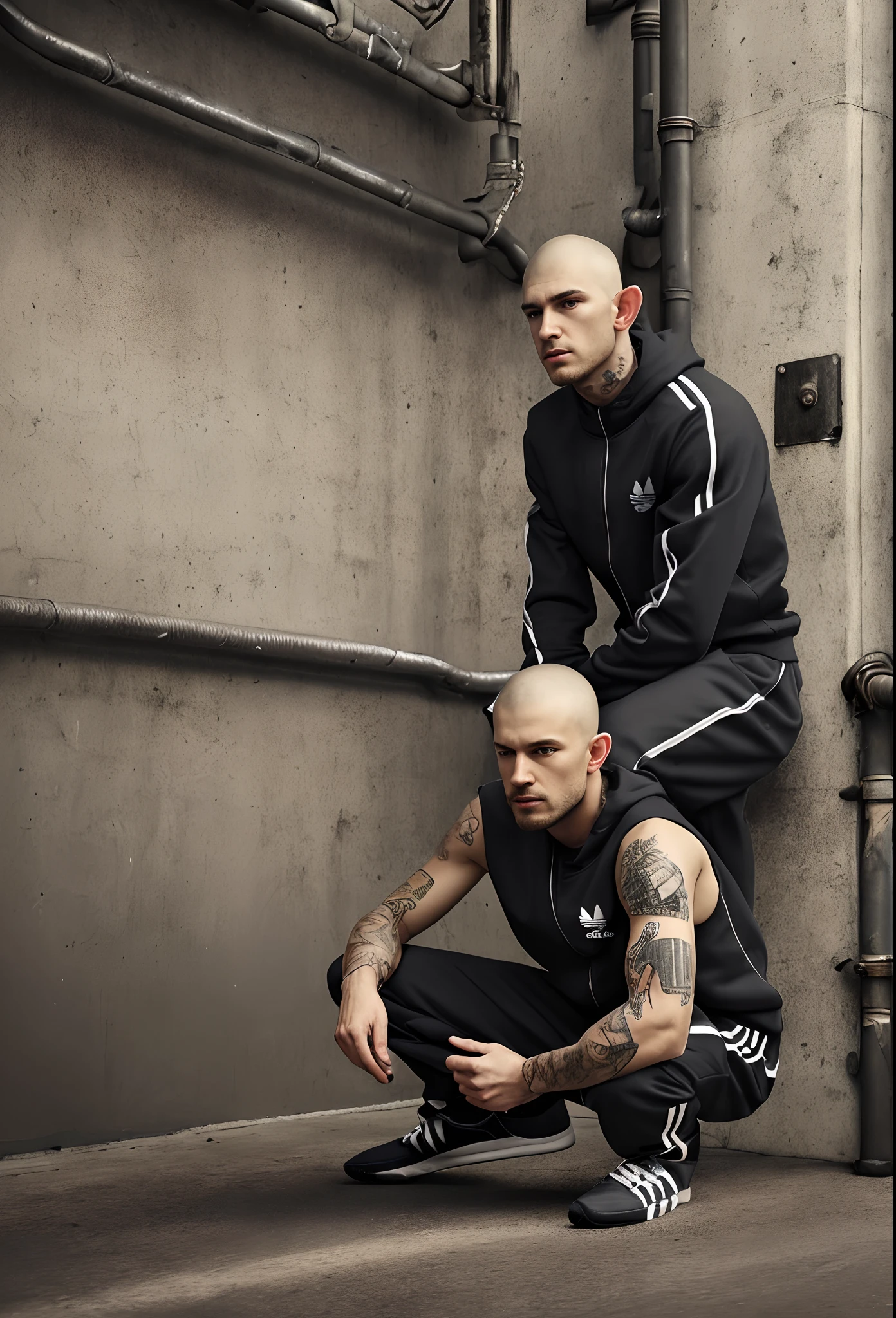 full view full body, Portrait of a one handsome young white guy with shaved head and one handsome other white guy with short blonde undercut haircut, both wearing dark-green Moncler over-inflated over-puffer jackets and dark-green adidas trackie pants, golden rings, necklaces, bracelets, 'Moncler' logo white socks, shoes off, lying on a bed, embracing ,showing off their white socks