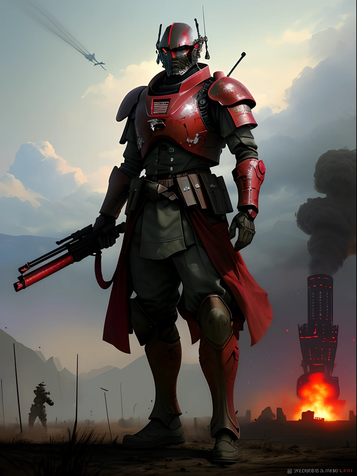 Future Battlefield, Alien Civilization War, Gunsmoke fills, A red flag was planted on a small mound, Soldiers in Chinese armor, full armour, The background is the army of the SA, The picture is stunning, Magnificent, Magnificent, in the style of futuristic, Ultra-wide angle, Masterpiece, ccurate, Anatomically correct, Super detail, Award-Awarded