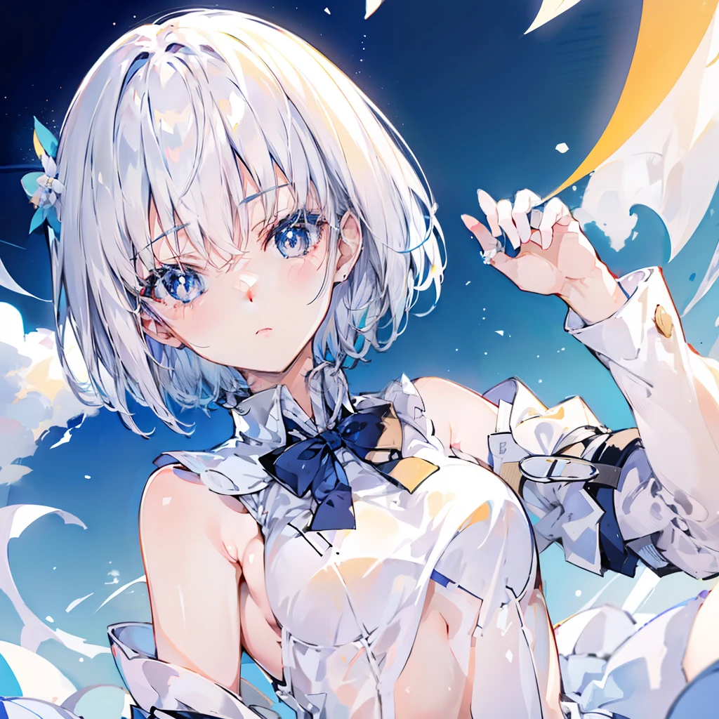 Relatively relaxed background，Short hair that reaches the neck in creamy white，Blue pupils，Two semi-circular collars with yellow edges and milky breaths，Wear the magical school student uniform that matches white and blue，She is a beautiful anime high school girl,  anime style like fate/stay night, clean and meticulous anime style