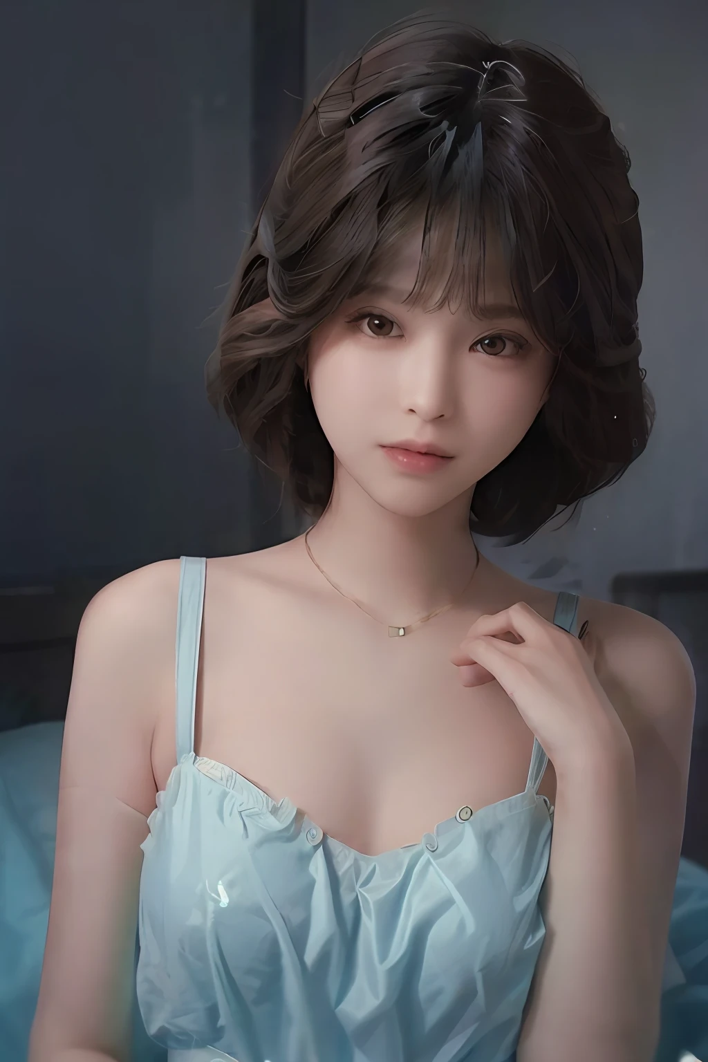 best quality, masterpiece, high_res, 1girl, hair ornament, necklace, jewelry, Beautiful face, tyndall effect, photo realistic, rim lighting, two tone lighting, (high detailed skin:1.2), 8k uhd, dslr, soft lighting, high quality, volumetric lighting, candid, Photograph, high resolution, 4k, 8k, Bokeh, medium breasts, lingerie pijamas, nipple, absurdres, shirt, short curly hair, hair on shoulder, short fang