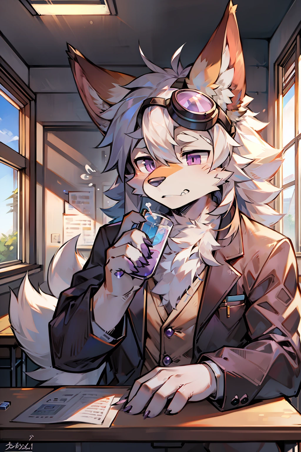 solo person,shaggy male,hairy bodies,shoun,coyote,canid,Gray fur,long white hair,The ends of the hair are purple,Purple eye,Bullied,adolable,Handsome,large tail,full bodyesbian,school ground,at class room,is a male chemistry teacher,Test tube in hand,Manteau blanc,tiese,protective goggles