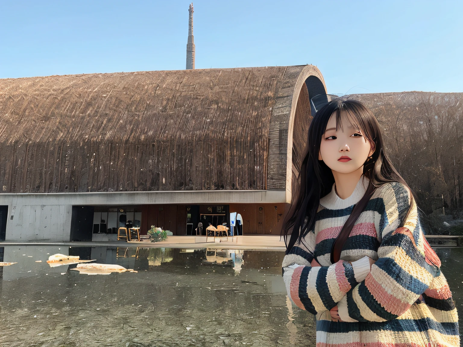 An Arad woman in a striped sweater stands in front of the building, Architecture in the background, xintong chen, wenfei ye, wei wang, Zhang Pengzhen, mingchen shen, Qiu Fang, Li Zixin, museum photoshot, with a figure in the background, Wang Qichao, jinyiwei, On a sunny day, gongbi