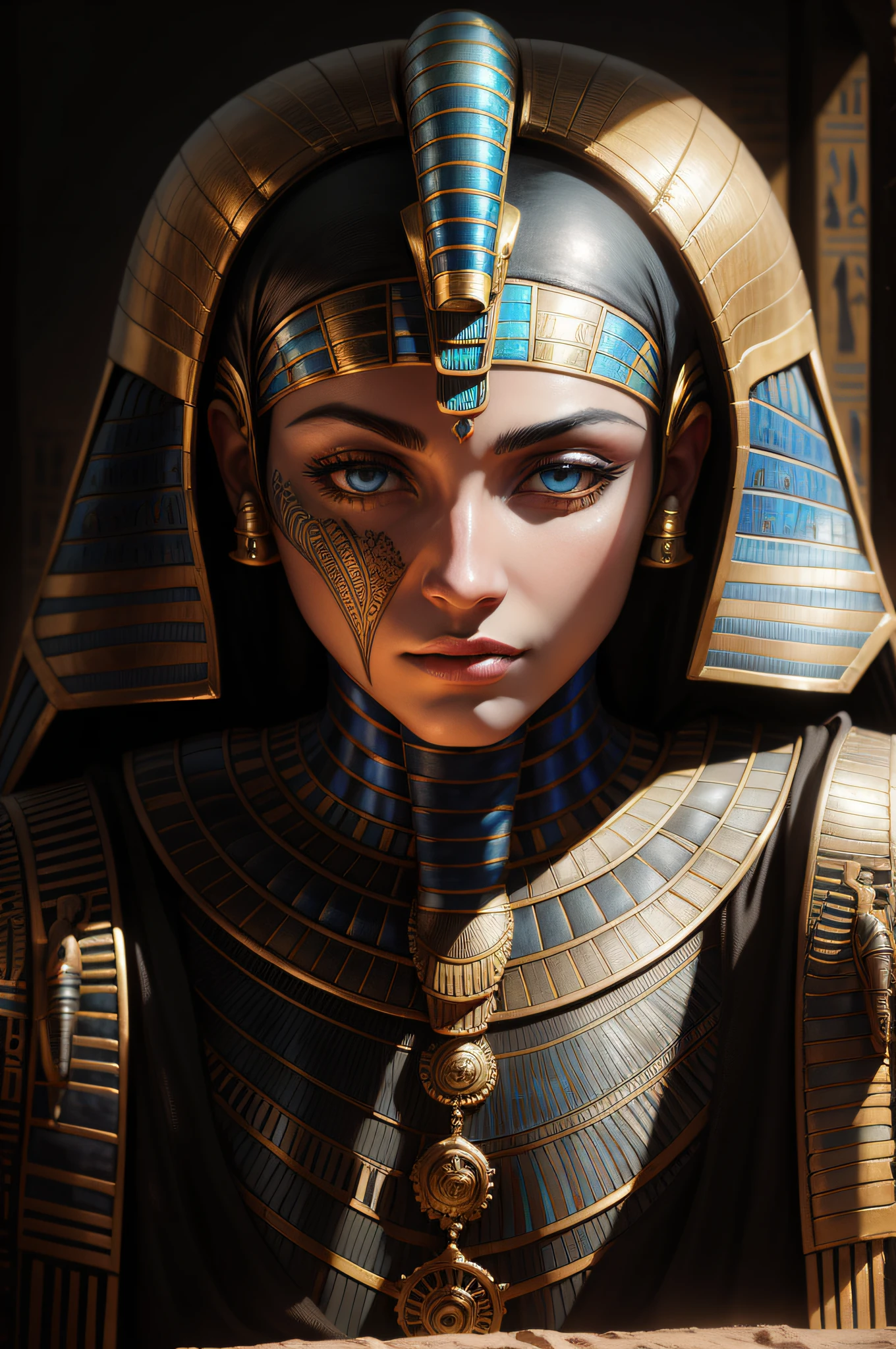 Biomachine:1.3, (Predador Egypcio:1.2), (colorido:1.2), dourado, ouro, Hans Giger, (zentangle:1.2), granulado, extremamente detalhado, detalhes intrincados, dynamic lighting, fotorrealista, luz natural, baixo h, obra prima, detalhado 8k