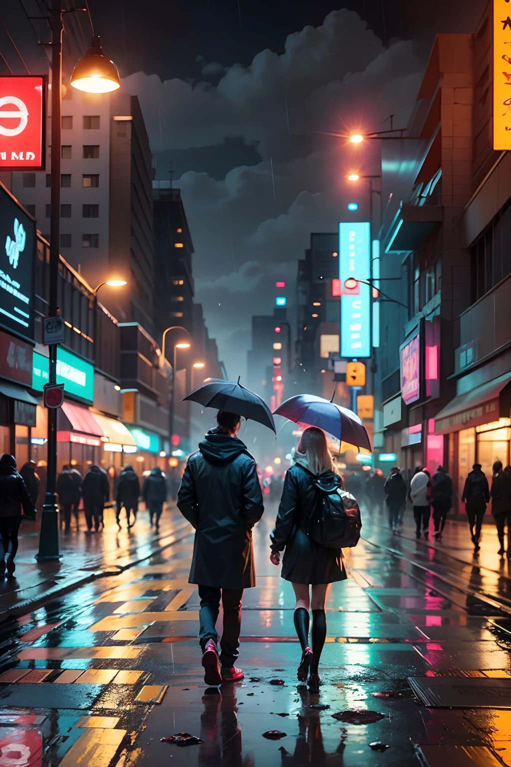 couple anime with matching icon on a rainy night down a dirty, foggy, futuristic, cyberpunk style street, big building ultra hd --auto --s2