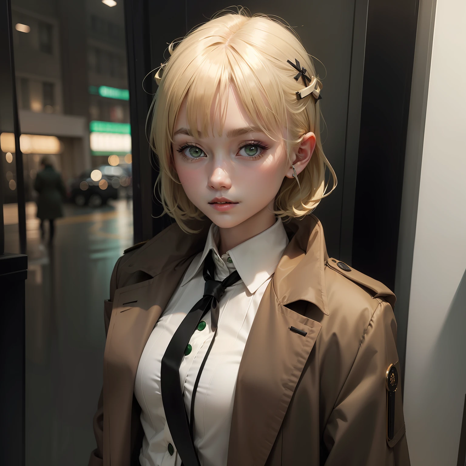 1girl, blonde hair, short hair, brown coat, detective outfit, white shirt, green hairpin, (hairpin on right hair), black tie