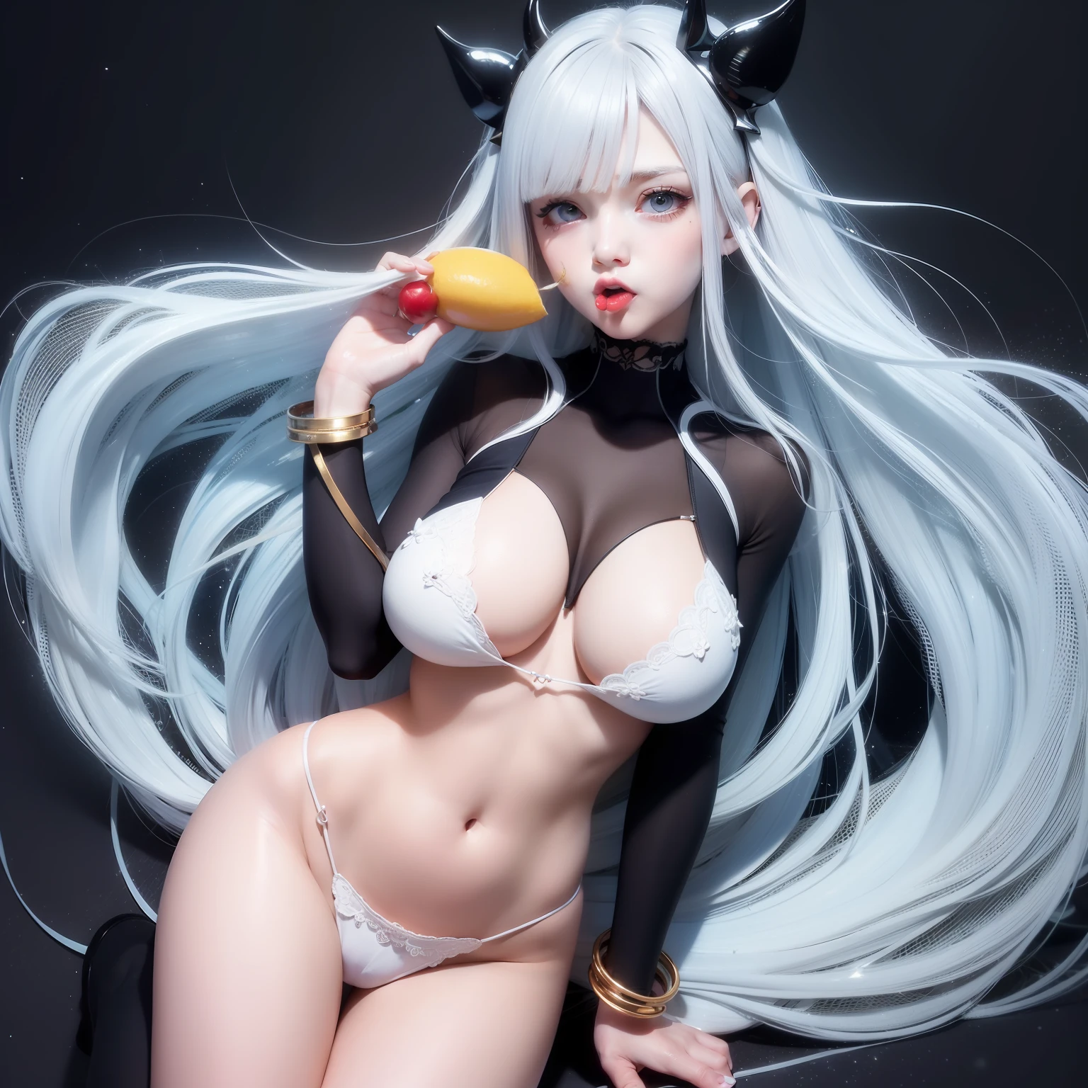 high image, super detail, high resolution, anime, manga, illustration, eating fruit with a mouthful, intelligent beauty, baby face, make up, ecstatic expression, amorous expression, seductive look, flowing layered messy white glossy medium short wavy hair, speed line, sparkling blue big eyes, alluring moist red lips, huge breasts, under boob, side boob, great proportion, perfect proportions, slender, full body