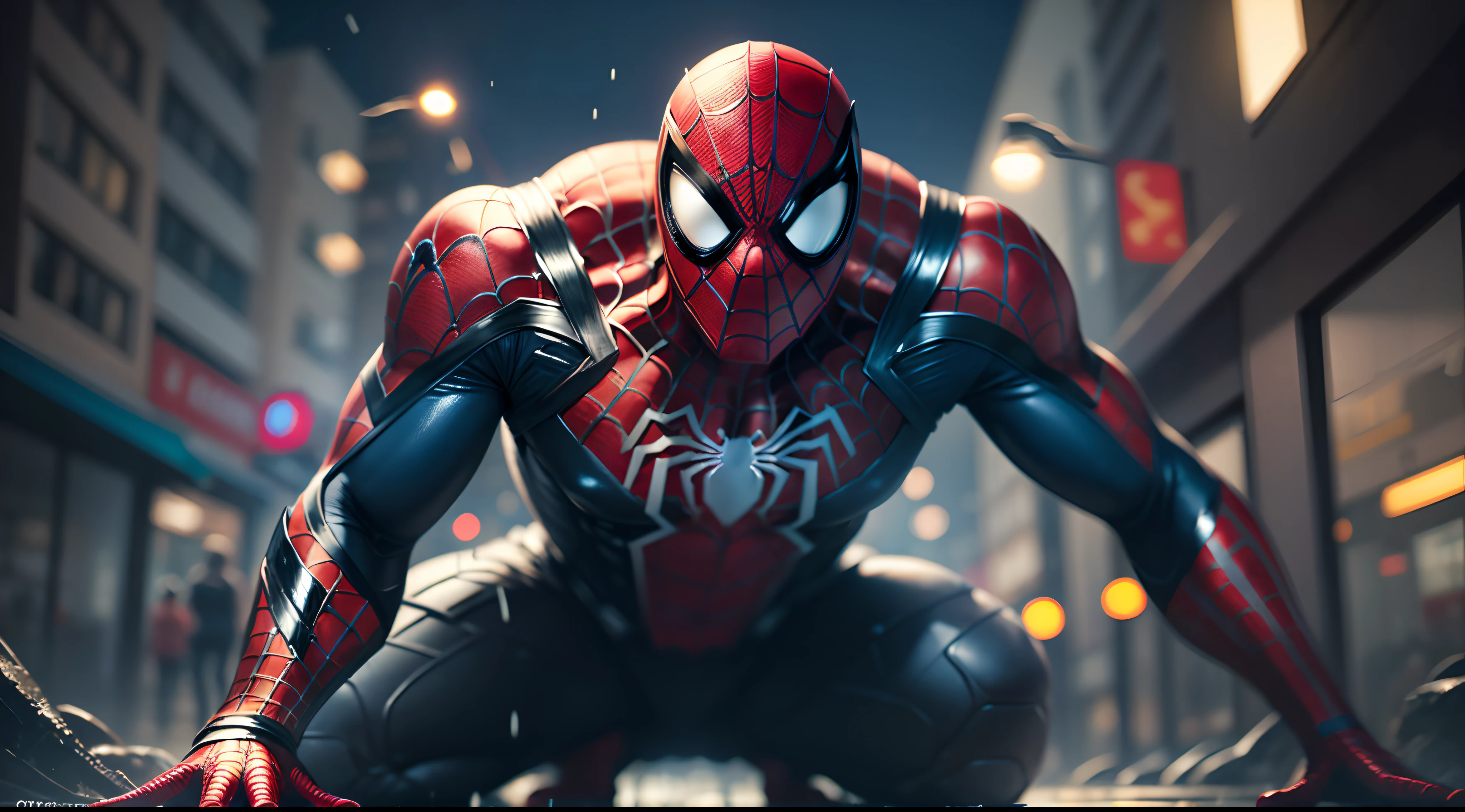 Spiderman mecha, jumping action, armor, cyberpunk, city background, bokeh,