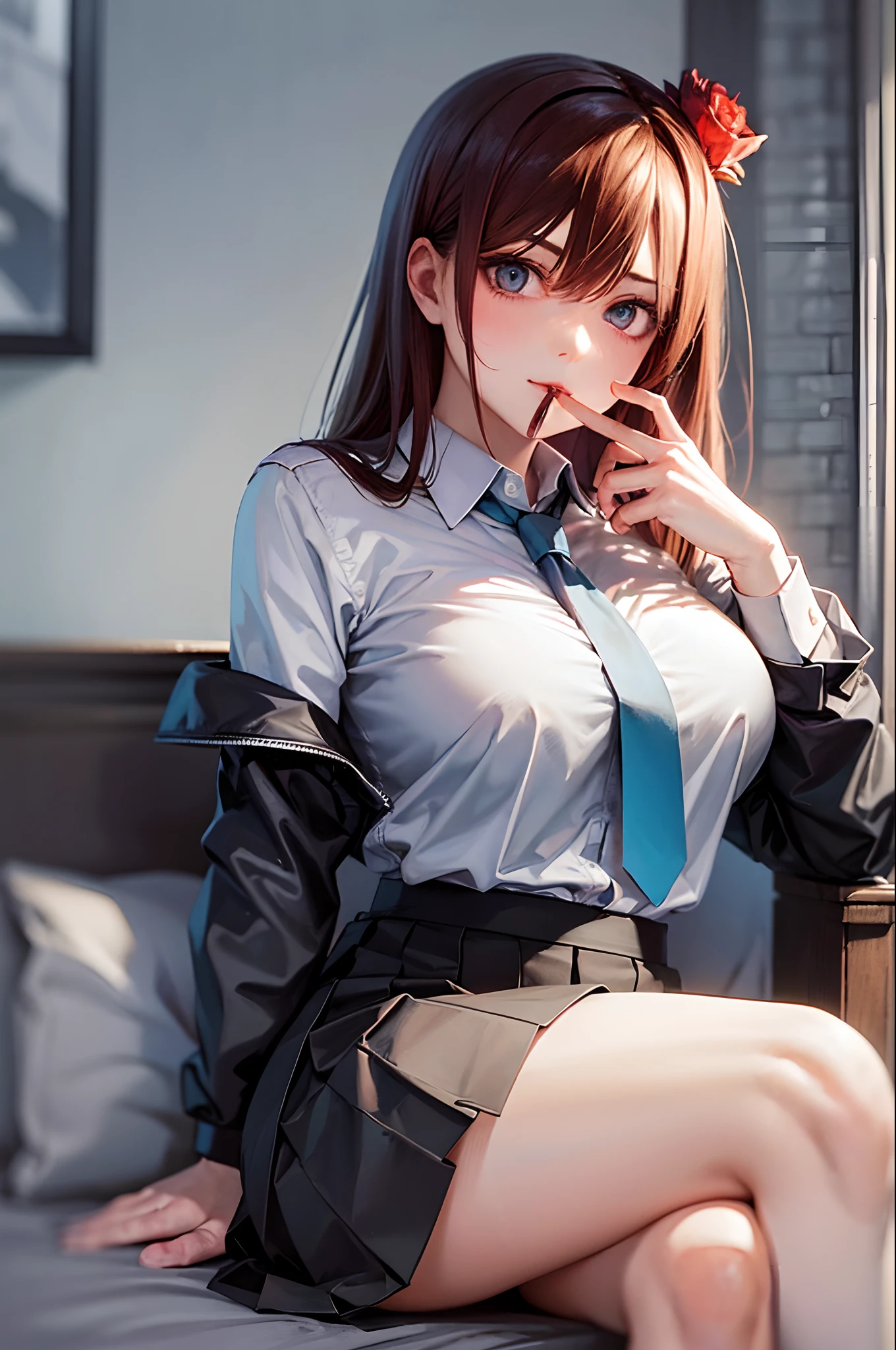 (Prominence in Masterpiece, Best Quality: 1.2), solo, 1 girl, Miku nakano, serious, mouth closed, looking at viewer, hand on face, sitting, legs crossed, collared shirt, tie up, skirt, stockings , big thighs, big breasts)