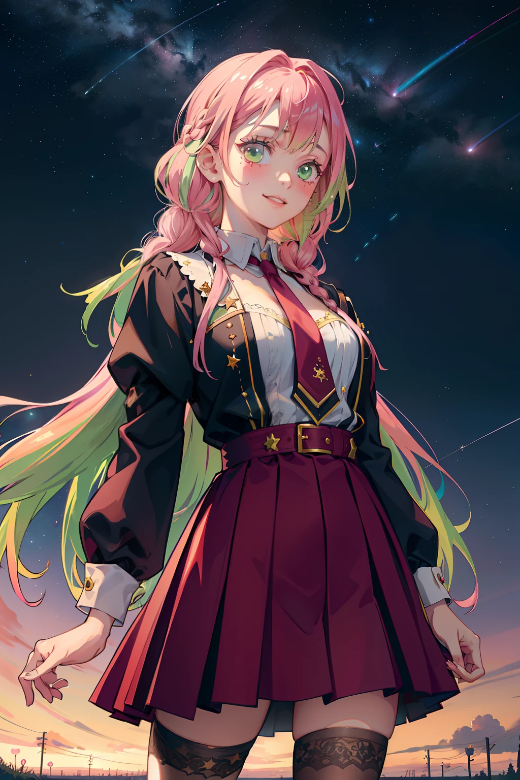 Ultra Realistic 8k CG, Masterpiece, ((Ultra detailed background, Delicate pattern, intricate detials)), (Highly detailed, fine details), Best Quality, 1girl, (Photorealistic:1.4),Beautiful lighting, absurdress, RAW photo, Film grain, 1girl, 独奏, Smile, long sleeves, looking a viewer, Average Breasts, high school uniform, short skirt, Green thighs, zettai ryouiki, (two tone hair, pink hair, green hair), Green eyes, Looking up at the sky, (((Starry sky))), flower field