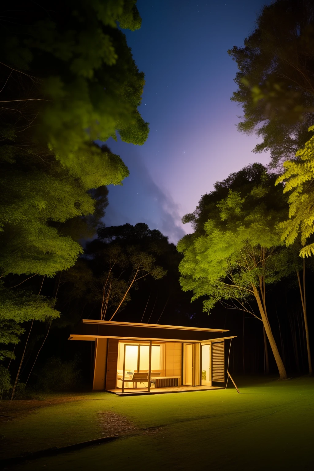 casa no meio da floresta de noite, escuro, abandonada, luz das estrelas, ambiente escuro, floresta a noite, undergrowth, cabana abandonada a noite,