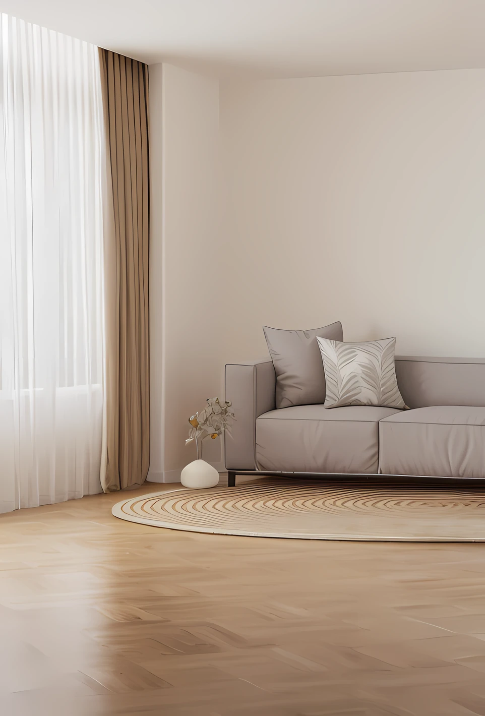 There is a sofa and a chair in the room with large windows, muted colors with minimalism, beige color scheme, placed in a large living room, Fundo sala de estar, Have in the living room, minimalist and clean, cream - colored room, furniture and decor, com cores neutras, placed in a living room, com cores neutras, very realistic 3 d render, high quality rendering
