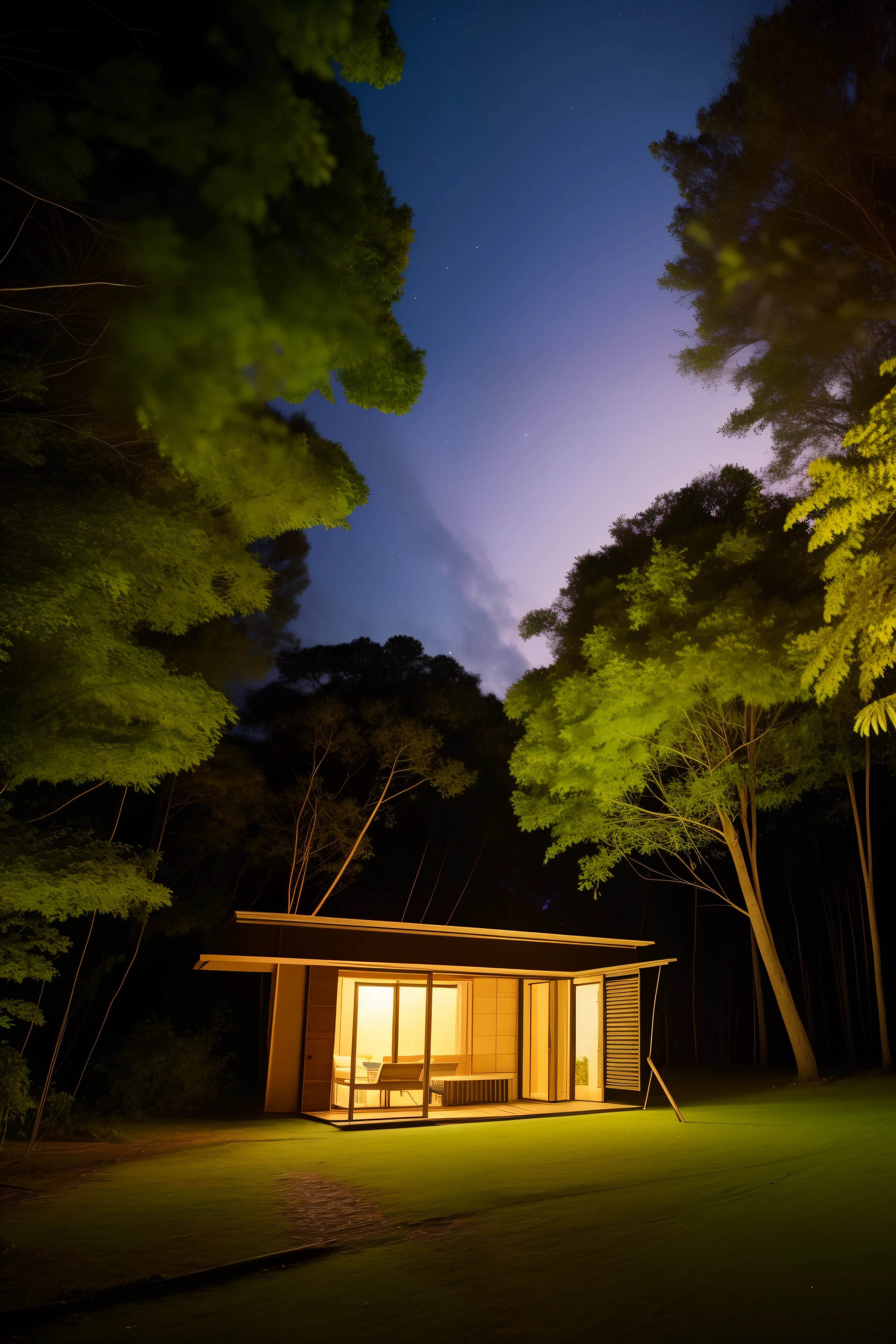 casa no meio da floresta de noite, escuro, abandonada, luz das estrelas, ambiente escuro, floresta a noite, undergrowth, cabana abandonada a noite,