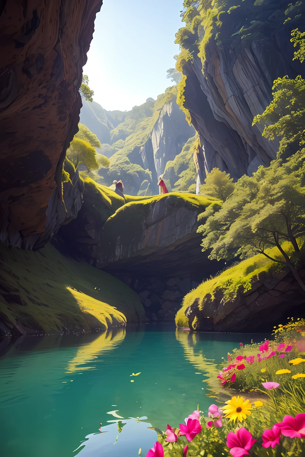 Title: Morning at the Mountain Cave Description: It's early in the morning, and you find yourself in a mountain cave. As you step out into the open, you're greeted with a stunning sight - a vast lake surrounded by steep rocky walls. In the middle of the lake, there's a small island bursting with colorful flowers, and sitting on it is a beautiful girl. Details: The lake is crystal clear and shimmers in the sunlight that streams in through the cave's entrance. The rocky walls that surround the lake are weathered and textured, with cracks and crevices that provide homes to small plants and animals. The small island is a riot of colors, with flowers of all shapes and sizes growing in abundance. The air is thick with the scent of blooming flowers. The girl sitting on the island is wearing a crown of flowers and has a serene smile on her face. She's surrounded by fluttering butterflies, who seem to be attracted to her gentle presence. As she leans over the water to dip her fingers in, the sunlight bounces off the lake's surface and casts a play of light and shadow on her face. The effect is almost ethereal, with the light and shadow creating a mesmerizing pattern on her skin. Palette: Bright and warm colors, such as soft pinks, oranges, yellows, and greens, to capture the beauty and serenity of the scene.
hdr, (photorealism, masterpiece quality, best quality),