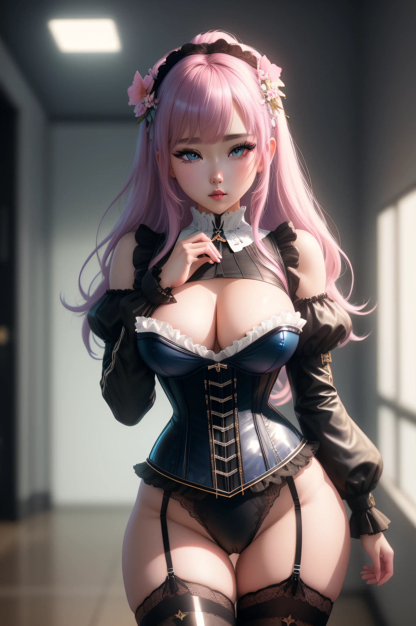 ecchi lusty soft skin , blue eyes, corset, tanga, tight clothing, thigh-highs, bubble butt, starlight, cotton candy, lolita fashion, thighs, artstation, trending, ultra HD, 4k, detailed anatomy, (shiny skin), ((oiled skin)), dramatic lighting, high contrast, kawaii, skin indentation, delicate, high quality unreal engine 5, pretty korean, ultra realistic style, detailed face, flower accessory, soft pastel background color, art by sakimichan, colofUnreal Engine 5, Cinematic, Color Grading, portrait Photography, Ultra-Wide Angle, Depth of Field, hyper-detailed, beautifully color-coded, insane details, intricate details, beautifully color graded, Unreal Engine, Cinematic , Color Grading, Editorial Photography , Photography, Photoshoot, Shot on 70mm lens, Depth of Field, DOF, Tilt Blur, Shutter Speed 1/1000, F/22