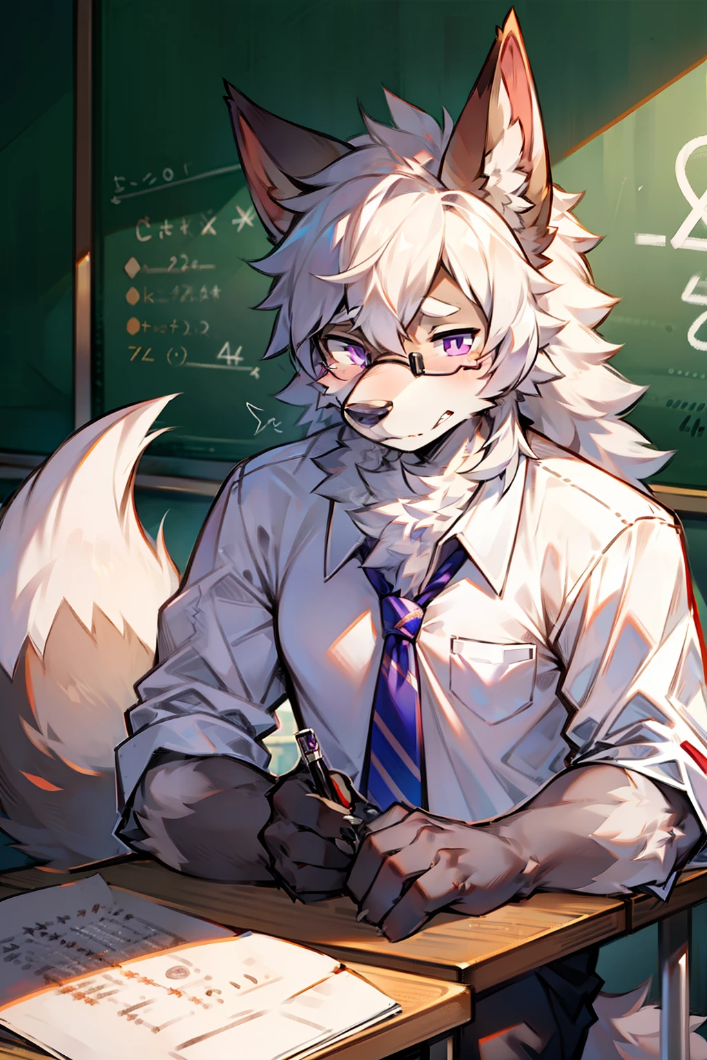solo person,shaggy male,hairy bodies,shoun,coyote,canid,Gray fur,long white hair,The ends of the hair are purple,Purple eye,Bullied,adolable,Handsome,large tail,full bodyesbian,school ground,at class room,is a male math teacher,Write blackboard words,white shirt,tiese,eye glass
