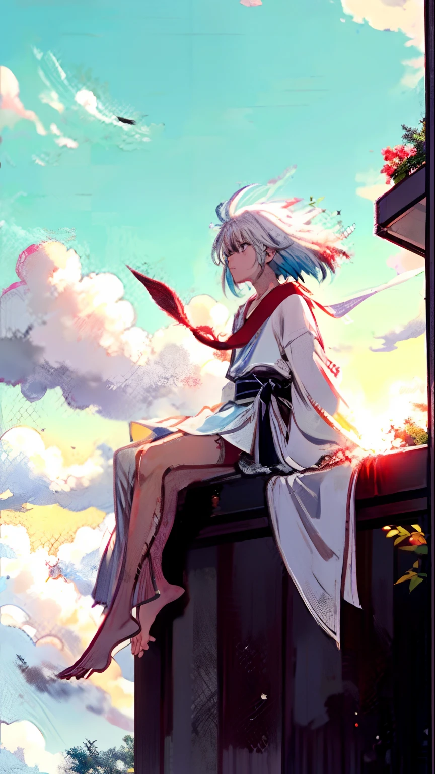 Chuck Original ， looking at the distance ， Hair fluttering in the wind， beautiful shot， serius face， rim-light， Arms down，with short white hair，long white robe，the sunset，lindo cenario，Teenage teenager，Sit on the eaves