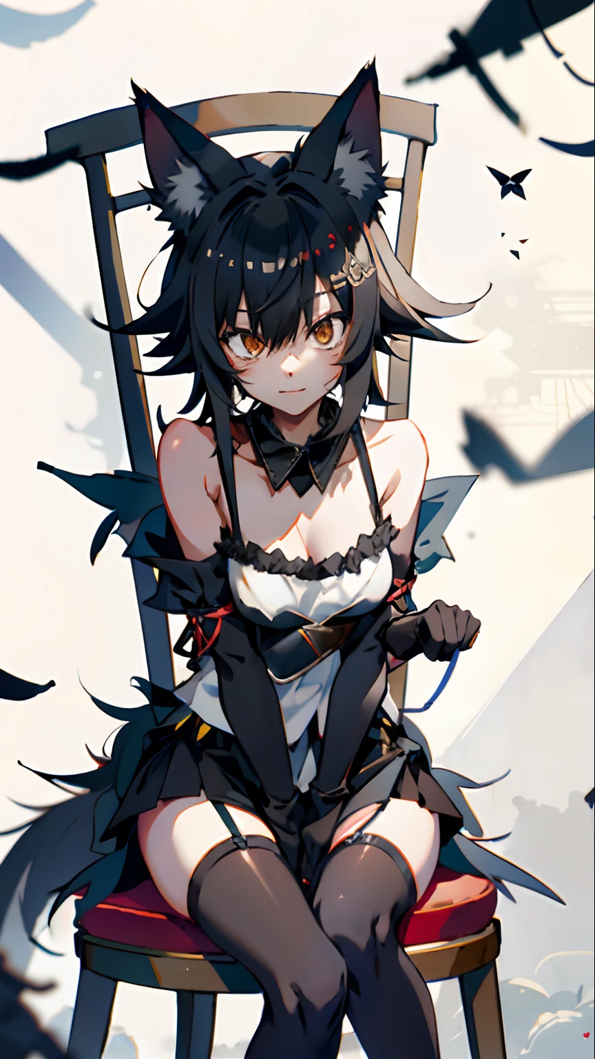 whaite hair，Black ears，Teenage fox girl，sit on chair，black toga