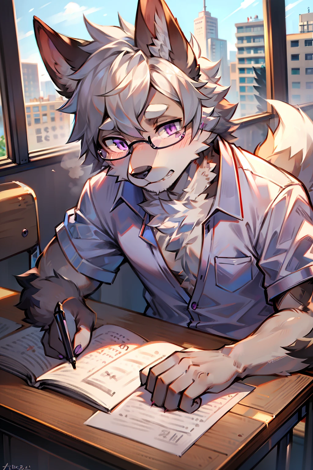 solo person，shaggy male，hairy bodies，shoun，coyote，canid，Gray fur，long  white hair，The ends of the hair are purple，Purple eye，Bullied，adolable，Handsome，large tail，full bodyesbian，school ground，at class room，is a male math teacher，Write blackboard words，white  shirt，tiese，eye glass