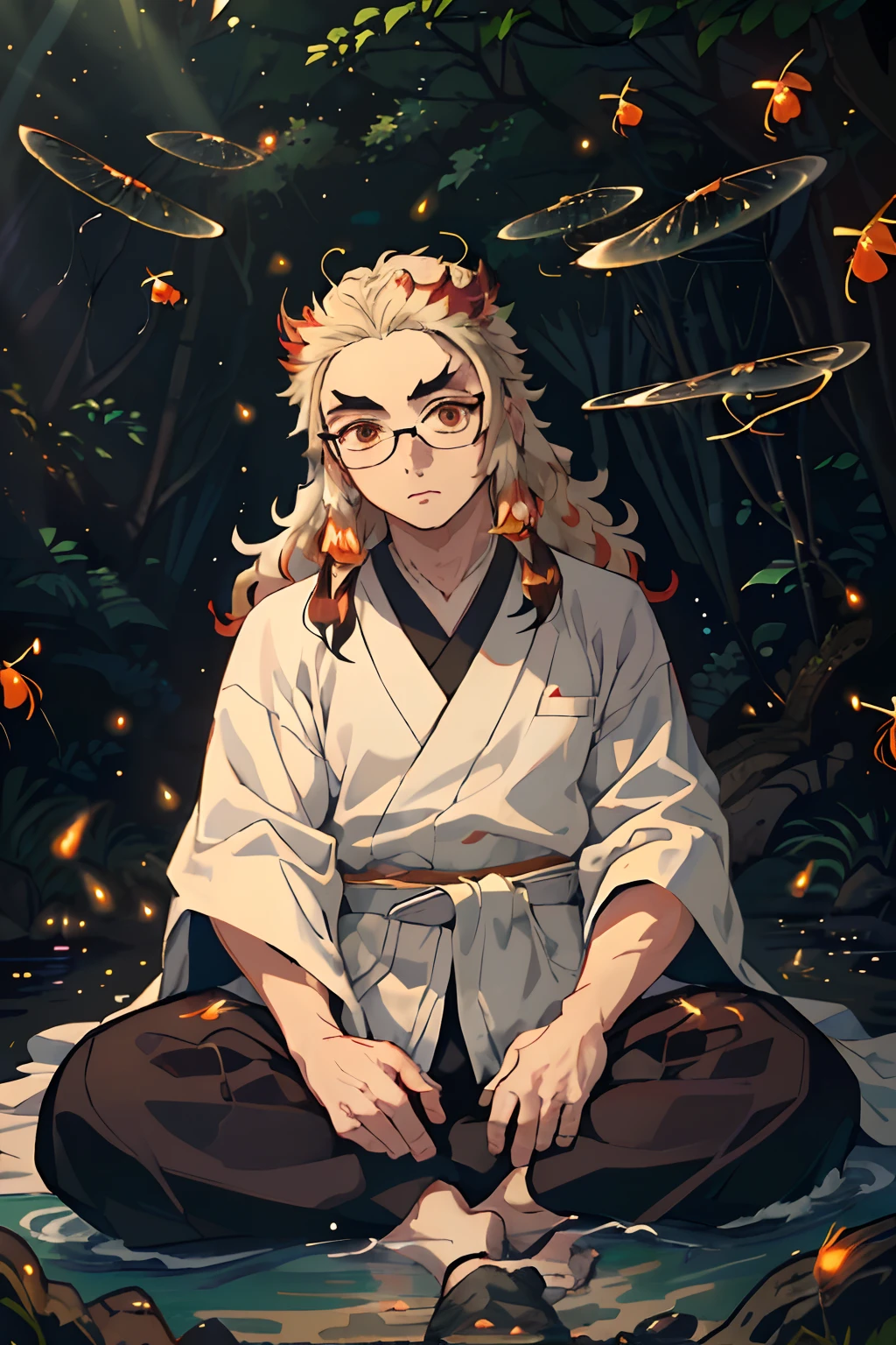 (Masterpiece, Best Quality:1.2), Cowboy shot, 独奏, male focus, 1 adult boy, Rengoku Kyojuro, indifferent look, looking a viewer, Long hair, ponnytail hair, Split eyebrows, (((White Haori))), (((black kimono))), with glasses on, (((in the woods by the water))), Sits, in full height, (((Fireflies soar around)))