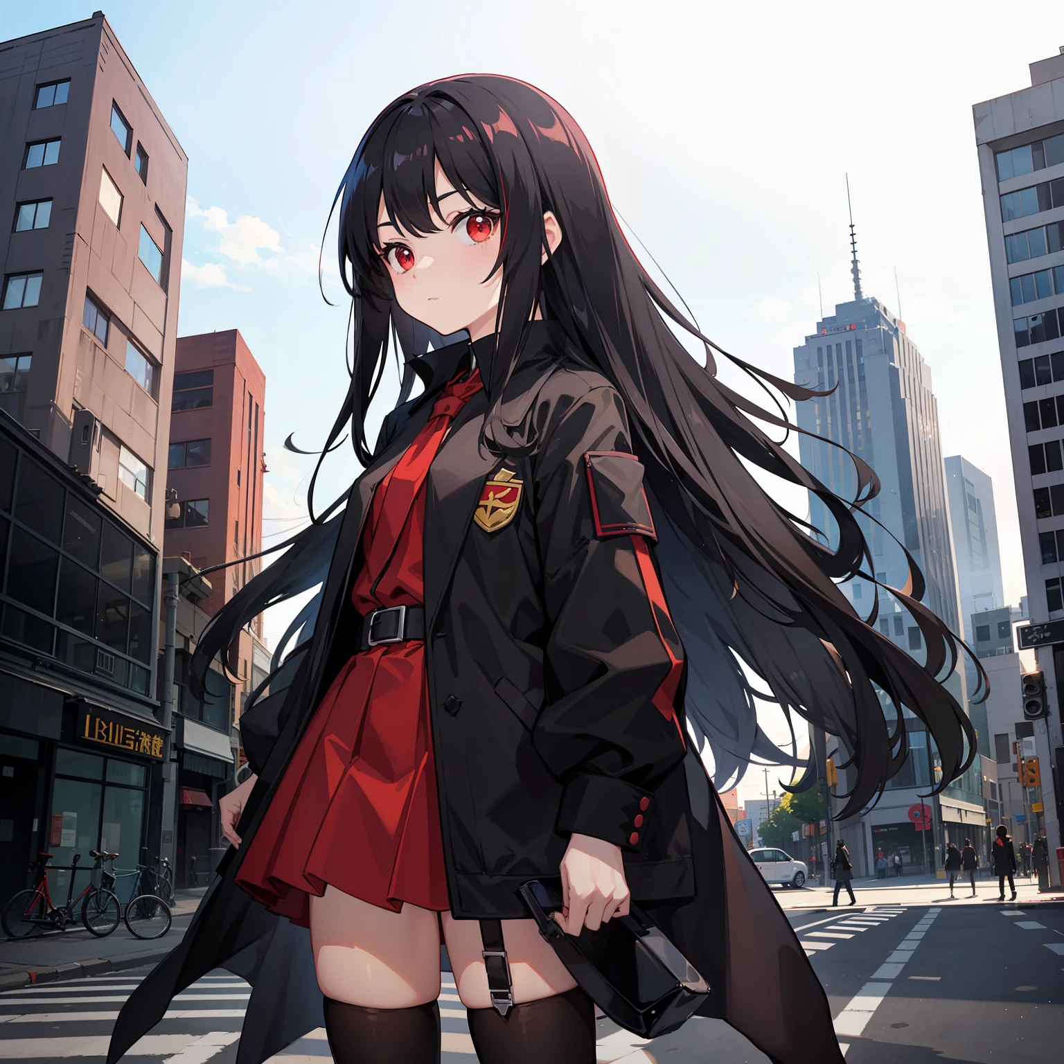 a **** with long black hair, red eyes, small body, black suit, standing, buildings scenery