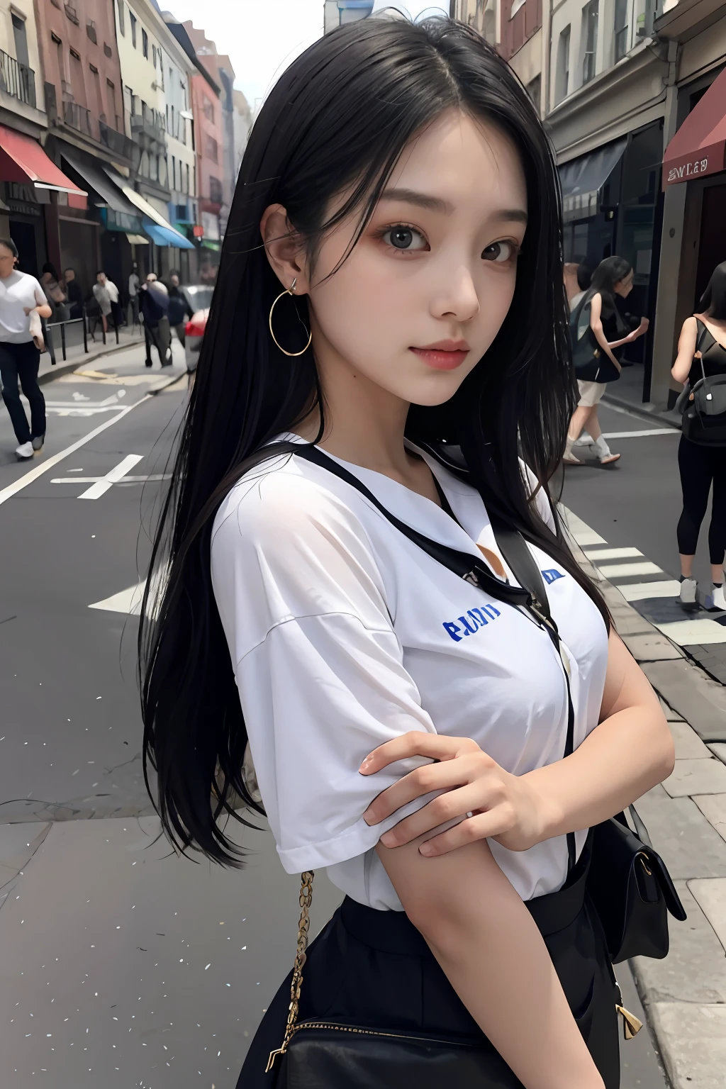 best qualtiy，tmasterpiece，超高分辨率，（realisticlying：1.4），RAW photogr，（Evening street），1个Giant Breast Girl，黑The eye，long whitr hair，Light makeup，cparted lips，tiny ears，Baseball uniforms，ear studs，cross-body bags，Beautiful Women with Perfect Figure:1.4, （exteriors，beachside：1.1），the city street，Ultra-fine face，Fine eyes，二重まぶた