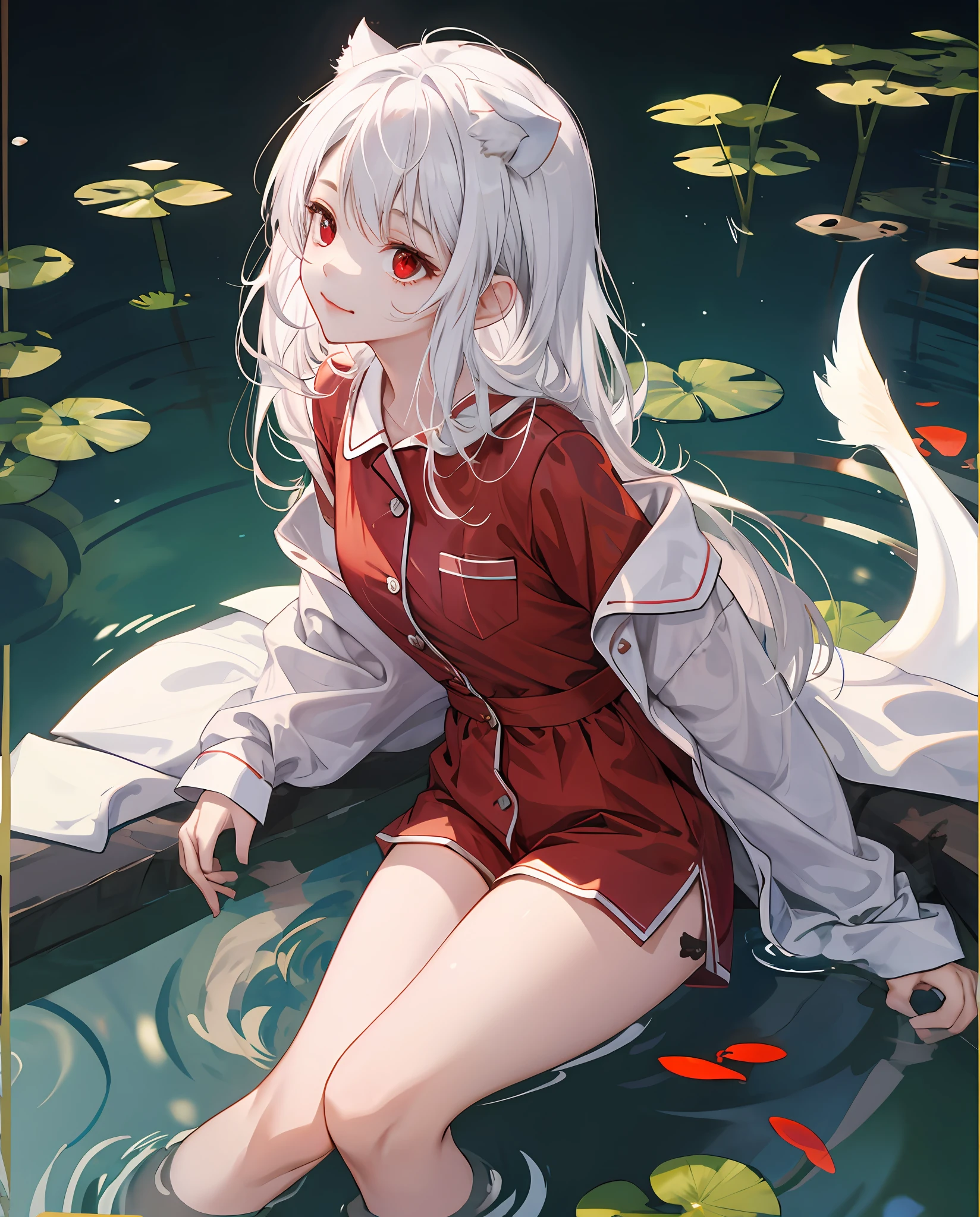 Superb Masterpiece Hair Looking Up Fair Skin Pajamas White Hair age Girl Red Eyes Thighs Clothing Fitted Ultra Clear Facial Retouching Pond Background Little Devil Tail Shyness Look at the audience