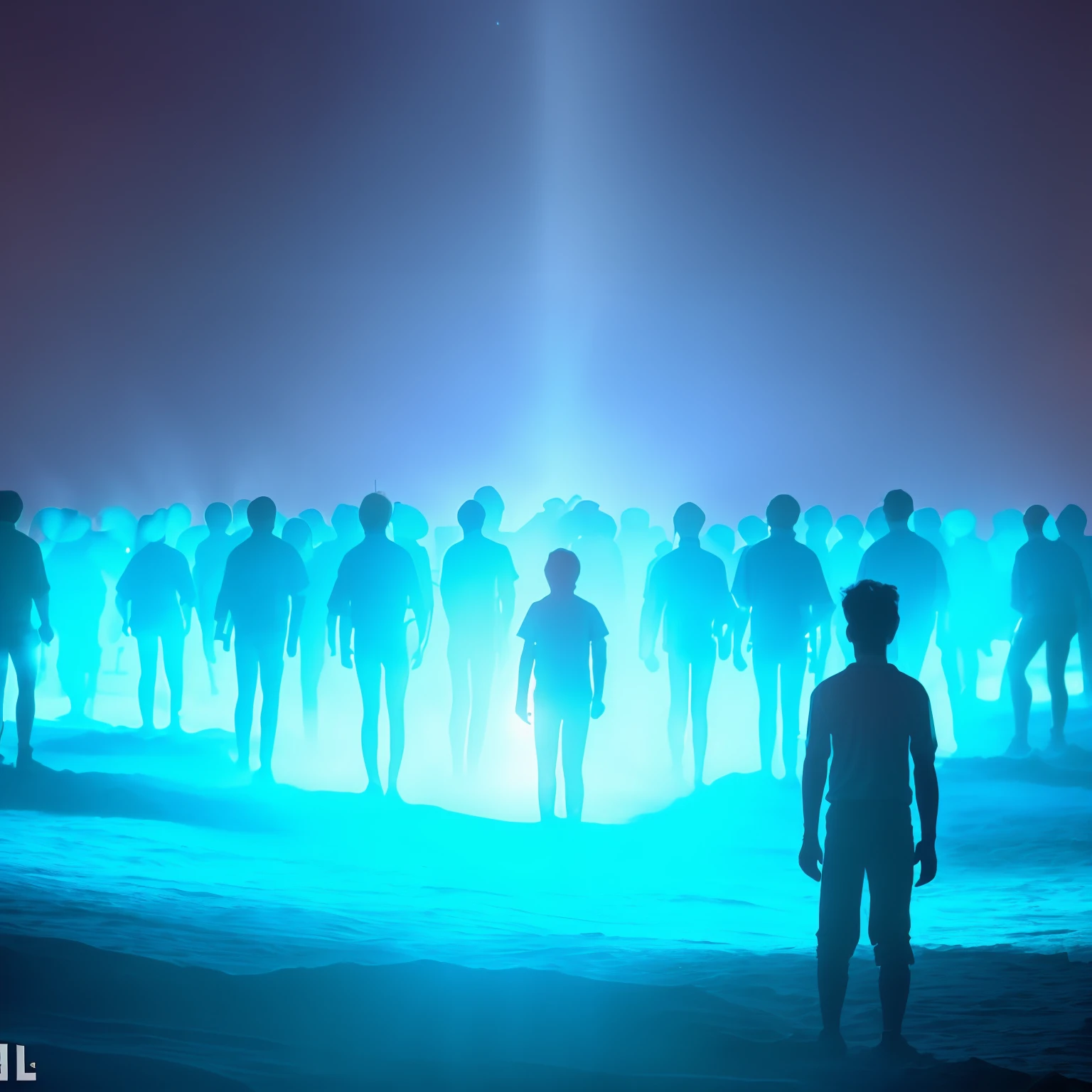 Men made of bright white lights walking from left to right in defile on a Road,Background heavenly,write"Walking Lights" at the bottom 
