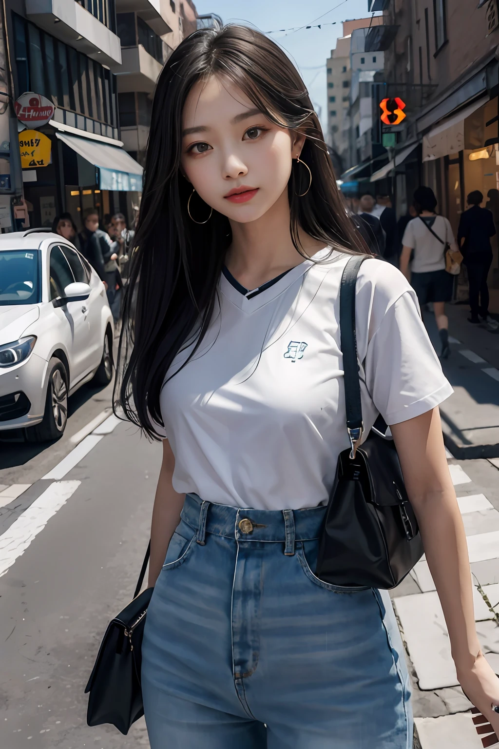 best qualtiy，tmasterpiece，超高分辨率，（realisticlying：1.4），RAW photogr，（Evening street），1个Giant Breast Girl，黑The eye，long whitr hair，Light makeup，cparted lips，tiny ears，Baseball uniforms，ear studs，cross-body bags，Beautiful Women with Perfect Figure:1.4, （exteriors，beachside：1.1），the city street，Ultra-fine face，Fine eyes，二重まぶた