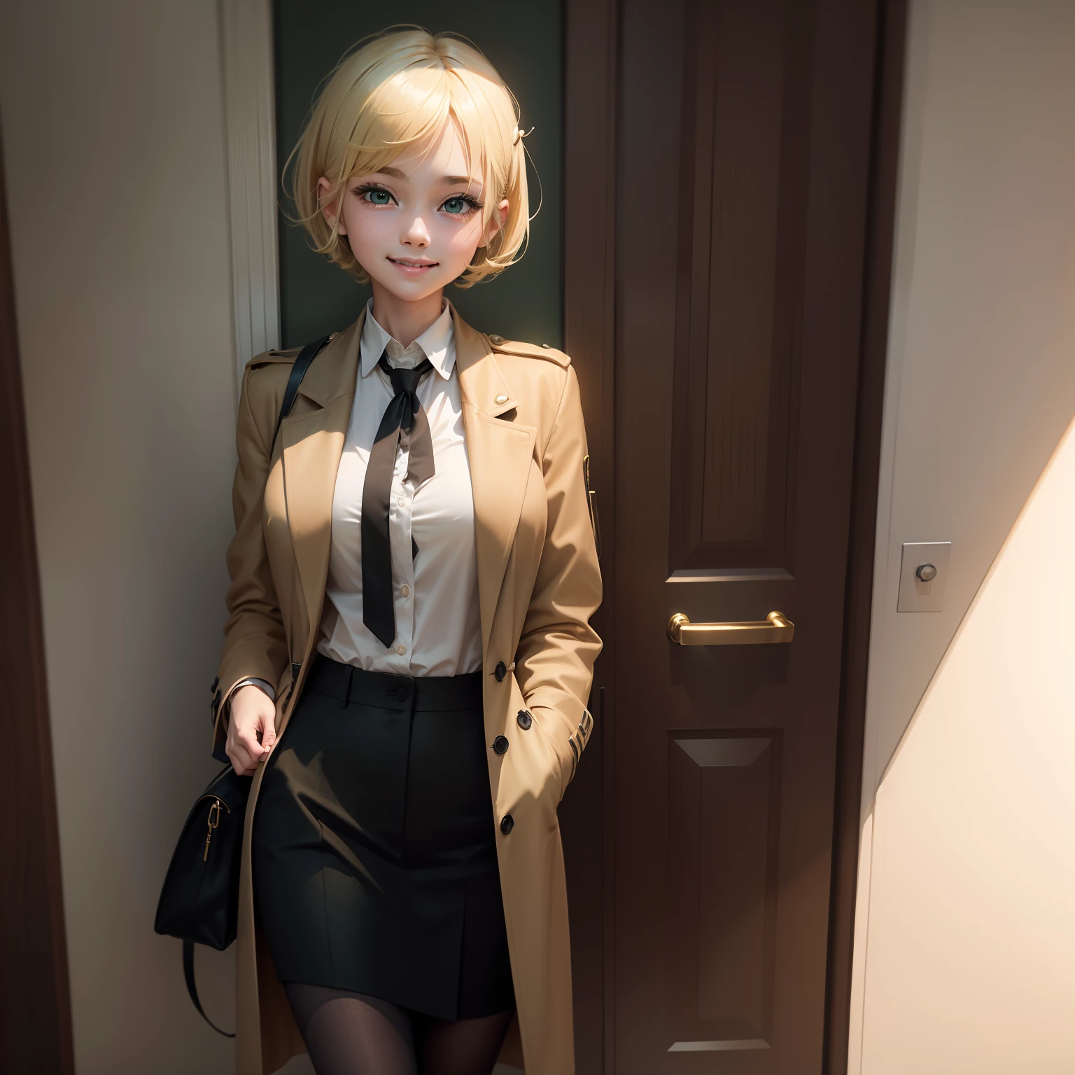 1girl, blonde hair, short hair, brown coat, detective outfit, white shirt, green hairpin, (hairpin on right hair), black tie, full body, smile