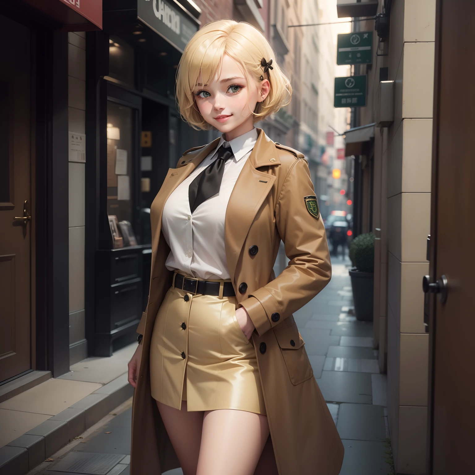 1girl, blonde hair, short hair, brown coat, detective outfit, white shirt, green hairpin, (hairpin on right hair), black tie, full body, smile