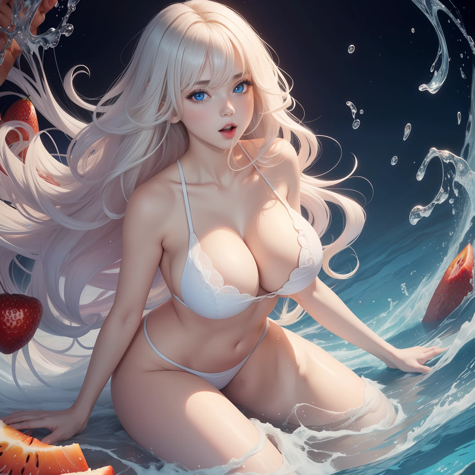high image, super detail, high resolution, anime, manga, illustration, eating fruit with a mouthful, intelligent beauty, ecstatic expression, amorous expression, seductive look, flowing layered messy white glossy medium short wavy hair, speed line, sparkling blue big eyes, alluring moist red lips, huge breasts, under boob, side boob, great proportion, perfect proportions, slender, full body