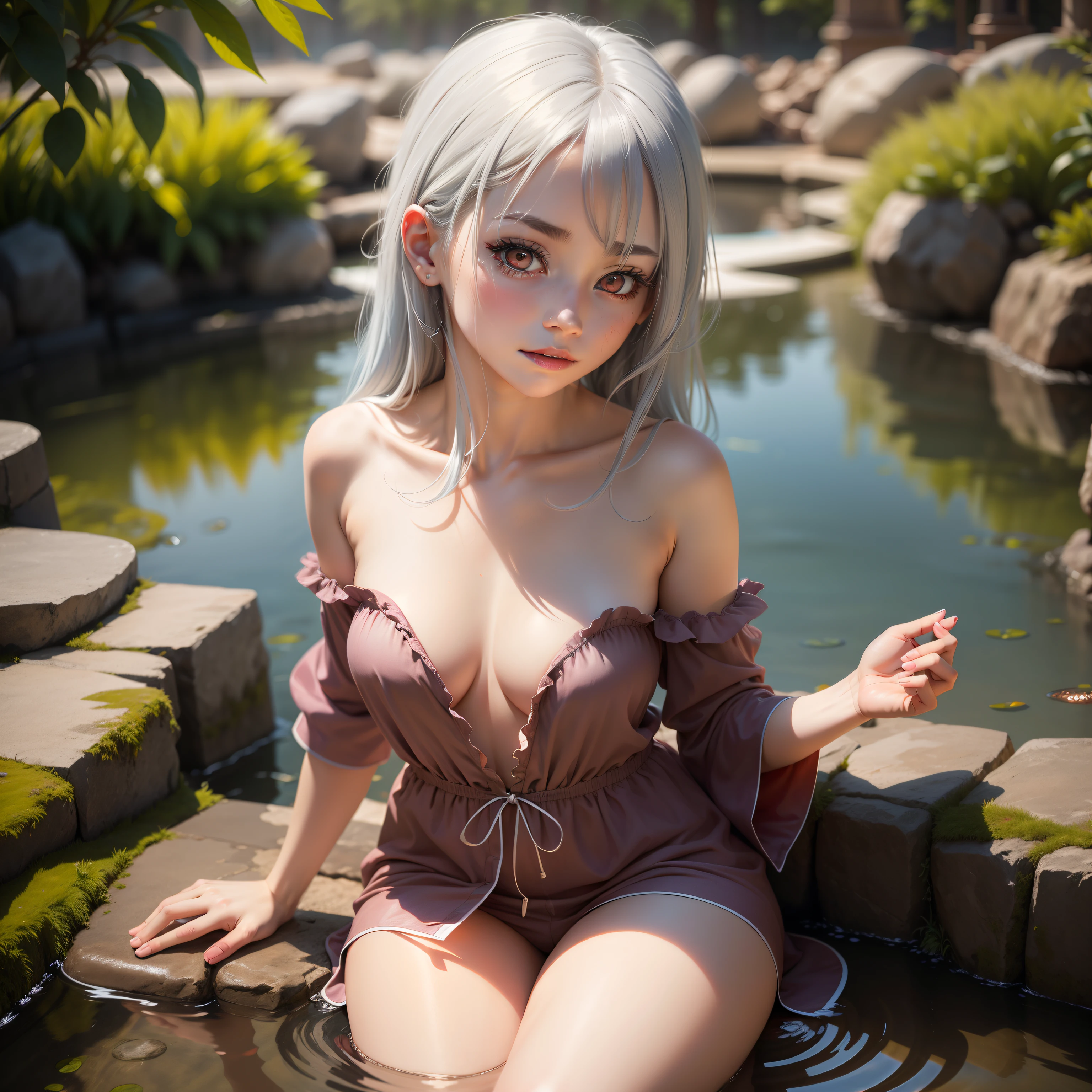 Superb masterpiece Gray hair looking up Fair skin pajamas White-haired girl Red eyes Thighs Clothing fit Super clear facial modification pond background Little devil tail shyly looking at viewer naked