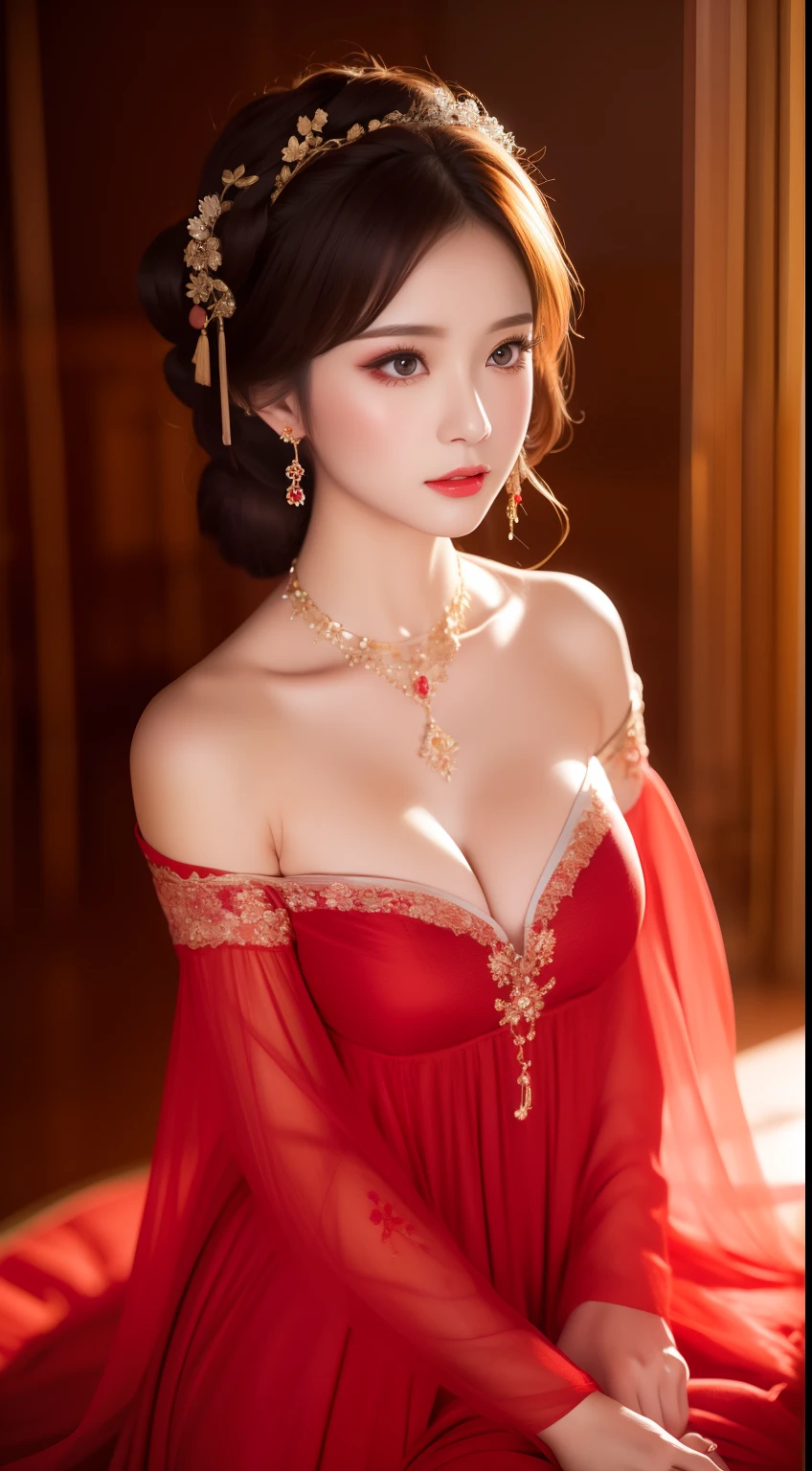 best qualtiy，tmasterpiece，A high resolution，1girll，Red floral nightdress，Red nightdress，Nightdress，hair adornments，choker necklace，jewely，beautiful  face，Red high-gloss lipstick，Physically，Dingdall effect，realisticlying，Dark Studio，edge lit，twotonelighting，（highdetailskin：1.2），8K  UHD， Digital SLR, softlighting, high high quality, volumettic light, sneak shot, photore, A high resolution, 4K, 8K, Background bokeh,