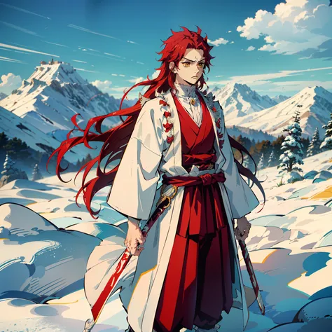 the anime, (best quality), 1 adult guy, stands still, (wide body), (at the foot of the mountain), ((disheveled red hair)), (medi...