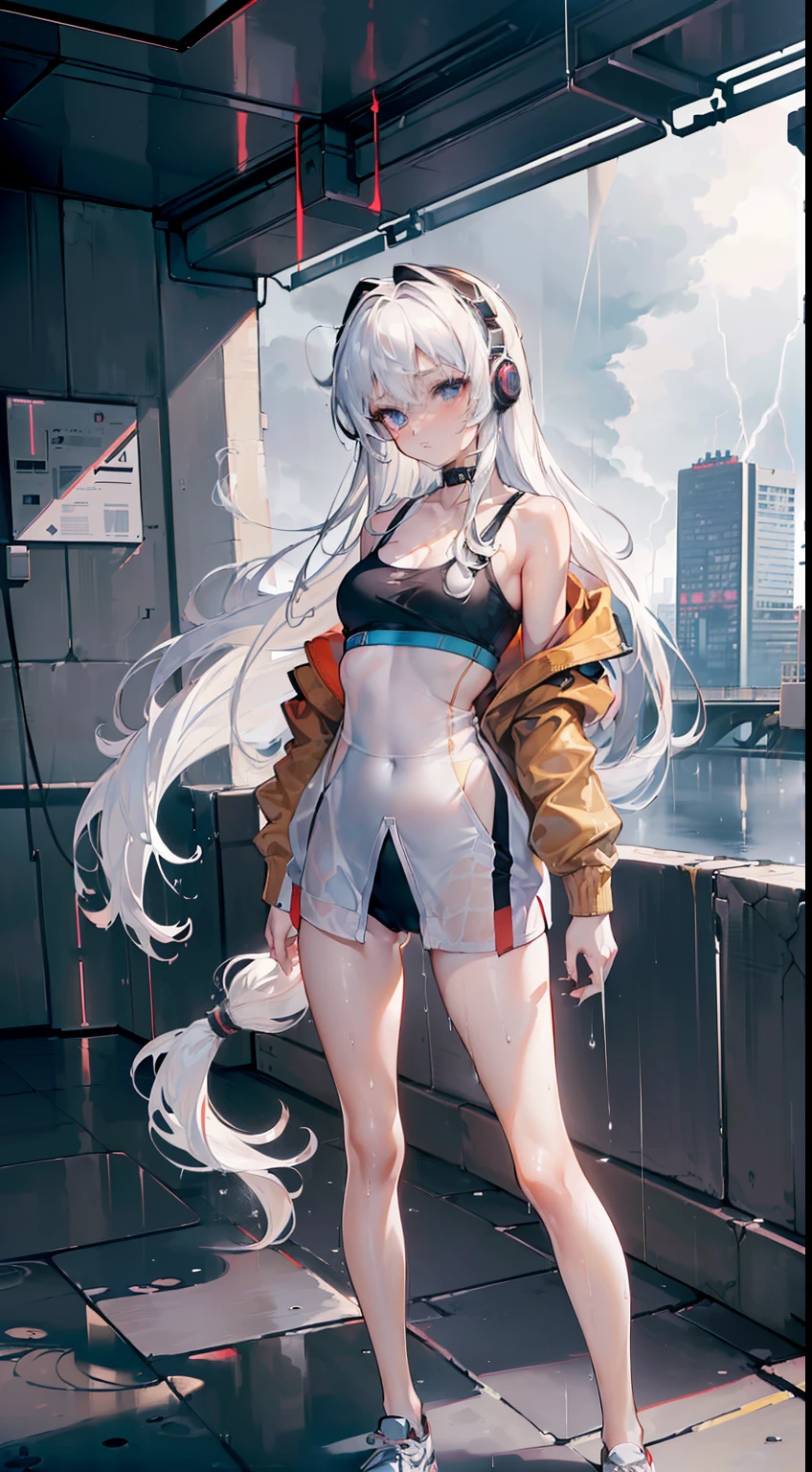 (masterpiece, 4k ,ultra detailed:1.2),(beautiful face:1.2),(anime:1.2),illustration,(solo:1.2),(looking at viewer:1.4),portrait,(cyber punk:1.5),(supermodel:1.3),(school uniform:1.4),(rider jacket:1.3),(white hair),yo,(absurdly long hair:1.5),(simple choker:1.1),(white panties),(very big headphones),(string,abs,bouquet,child,small breasts,petite:1.1),(sfw,nipple,flat chest,dress,sports bra:1.5),(cinematic angle),(full body:1.2),(Camel toe:1.3),(heavy rain:1.2),(wet body),(wet hair),(strong wind:1.3),(roaring thunder:1.2),(The end of the world:1.8)