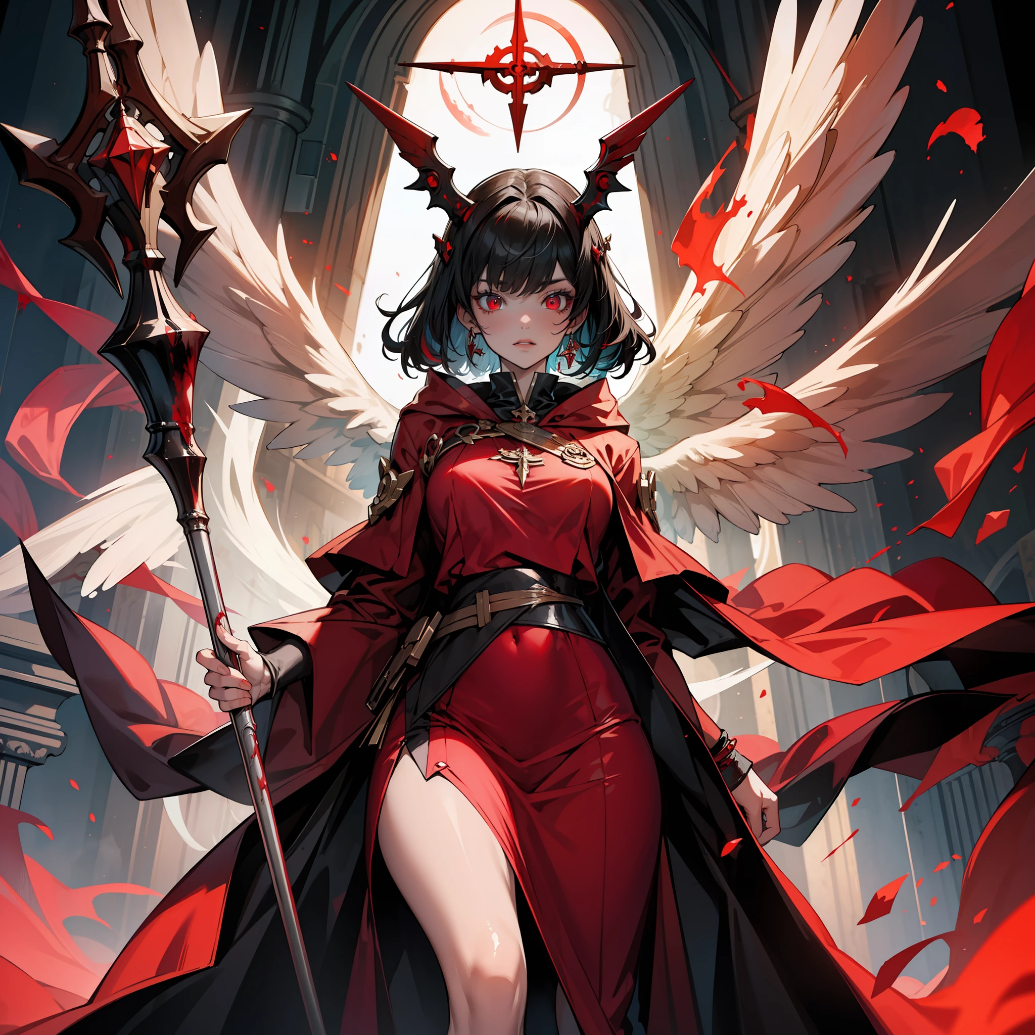 (masterpiece, best quality), A terrifying , full body, female, Beautiful features, Red eyes, Blood bath, Red Cloak, Aesthetic vibe, goddess, holy , Arch angel, Night sky, A big wand, colourful.