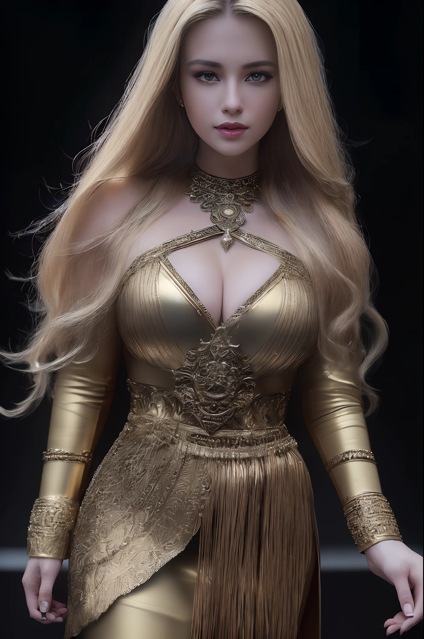 (full body shot)a East European woman, luminous design, masterpiece, best quality, extremely detailed 8k, ultra hd, ultra-detailed, highly detailed, highly realistic, (ultra-realistic), hyperrealistic, Real life style, (((top quality, masterpiece: 1.3)), 1girl, athletic body showing body and perfect to viewer, , big , blonde hair, big smile, wearing ottaman gold jewellery, Kurulus warrior outfit, battle ready, ottoman dagger in hand, highest details, highest quality, 8k resolution, precise details, ultra realistic quality(cinematic:1.5)(Top Quality, 8k, 32k, Masterpiece, UHD: 1.3)