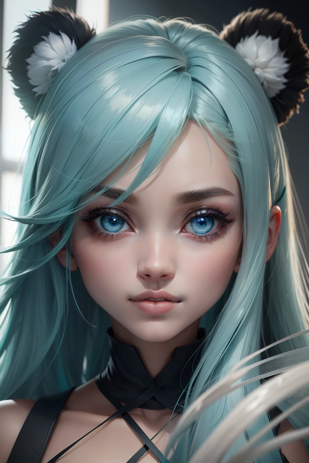 women's hands, Rapariga, [[[[Closeup]]]], [[[[peito]]]], [[[ombros]]]], [[[full head ]]], [[panda ]]olhos perfeitos, Perfect iris, Perfect lips, dentes perfeitos, pele perfeita, luz frontal suave, brilho, HDR (cores suaves: 1.2), cabelos azul claro, franja, Caudas duplas, cabelos longos, olhos verdes, surpresa, Hatsune Miku, pupilas dilatadas, boca detalhada, sorrir, boca fechada, artistic work, melhor qualidade, cabelo preso, roupa de panda