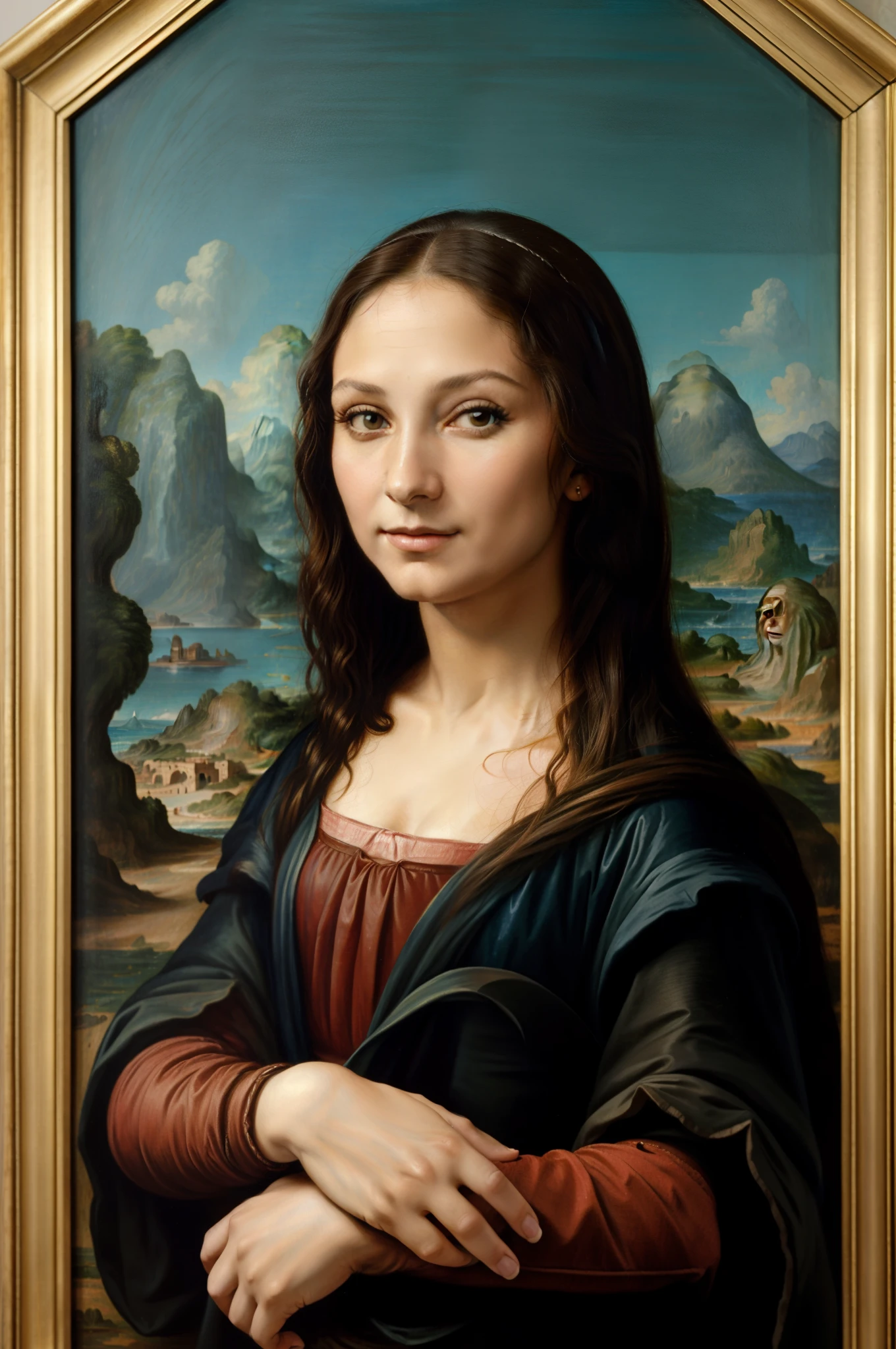 retrato de uma linda mulher, Image of a painting of a woman with one hand on her chest, pele real, pele detalhada, cabelo real, detalhe fio de cabelo, A Mona Lisa, Mona Lisa fotografia, Mona Lisa como uma pessoa real, Retrato da Mona Lisa, similar to the mona lisa, leonardo Pintura Da Vinci, Pintura Da Vinci, melhor qualidade, otimos detalhes, detalhes intrisecos, pele detalhada, cabelo real, olhando para o espectador