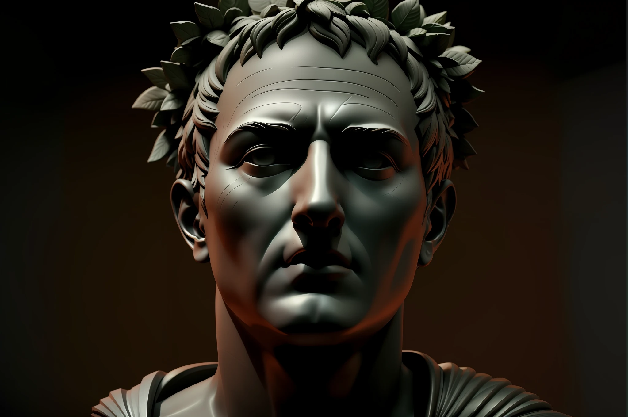 A closeup of a Roman emperor statue with a wreath on his head, cinematic bust portrait, escultura realista de 8k bernini, inspirado em Pogus Caesar, 3 d escultura 8 k octano render, Imperador Romano, cinematic bust shot, rosto estoico, inspirado em Caesar van Everdingen, 3 d escultura octano render 8 k, Retrato VFX altamente detalhado