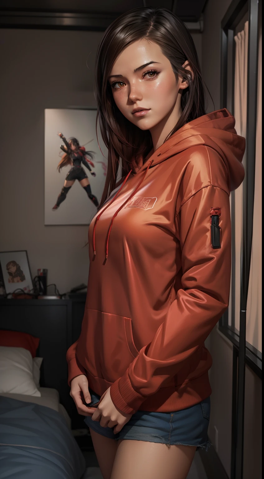 there is a woman standing in a bedroom, realistic anime 3 d style, smooth anime cg art, artgerm and atey ghailan, cyberpunk anime girl in red hoodie, digital anime illustration, artwork in the style of guweiz, photorealistic anime girl render, painted in anime painter studio, high quality portrait, urban girl fanart