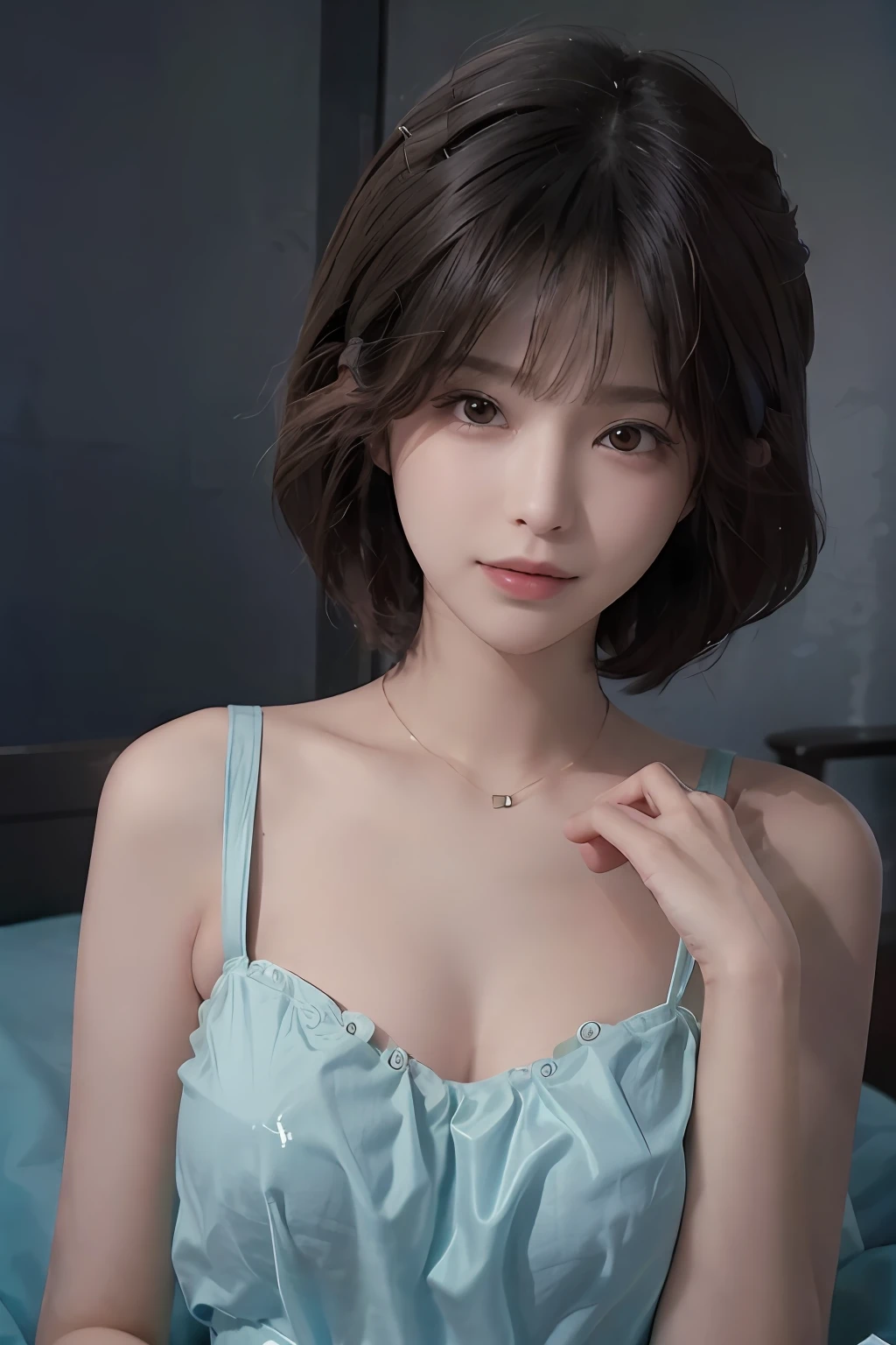 (masuter piece:1.3)、(8K、Photorealsitic、Raw photography、top-quality: 1.4)、(1girl in)、beautiful expression、(Lifelike face)、(A dark-haired、short-hair:1.3)、Beautiful hairstyle、realisticeyes、Beautiful details、（real looking skin）、Beautiful skins、（Sweaters）、absurderes、enticing、超A high resolution、A hyper-realistic、high-detail、the golden ratio、swim wears、gravure、