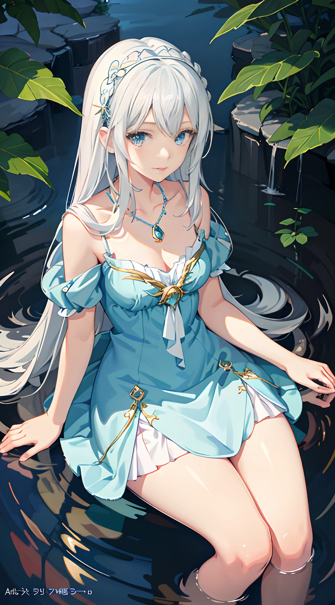 Anime girl sitting in water in blue dress and necklace, anime goddess, white haired god, in dress, Digital art at Pixiv, goddess of the sea, white hair, Anime Illustration, pixiv, digital anime illustration, pixiv style, Water, Lori, Beautiful maiden, Beautiful anime girl, A Princess「Kida」Kidagakash