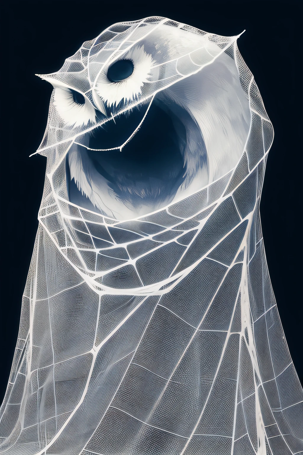 cobweb wrap on a body of a white owl against a black background, simple background, minimalist images, photography installations, paleocore, hyper-realistic, poetic intimacy, no crop